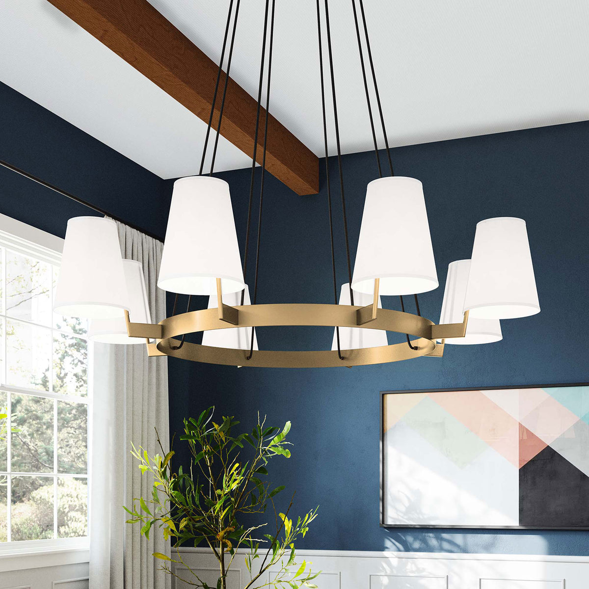 Satin brass chandelier elevates the room with eight crisp white fabric shades || EEI-5641-WHI-SBR || front_angle_on_room