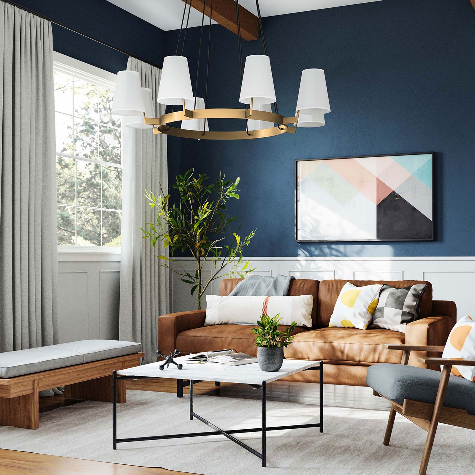 Modern ring chandelier anchors the seating area with warm brass tones and tailored white shades || EEI-5641-WHI-SBR || front_angle_room