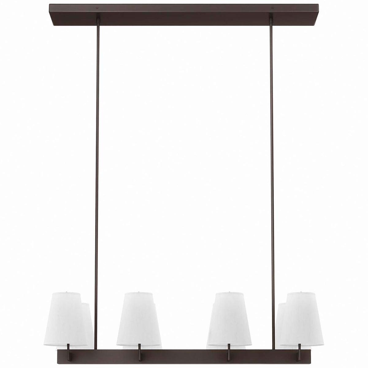 Linear 8-light chandelier with white fabric cone shades and a bronze frame || EEI-5642-WHI-BRZ || front_studio