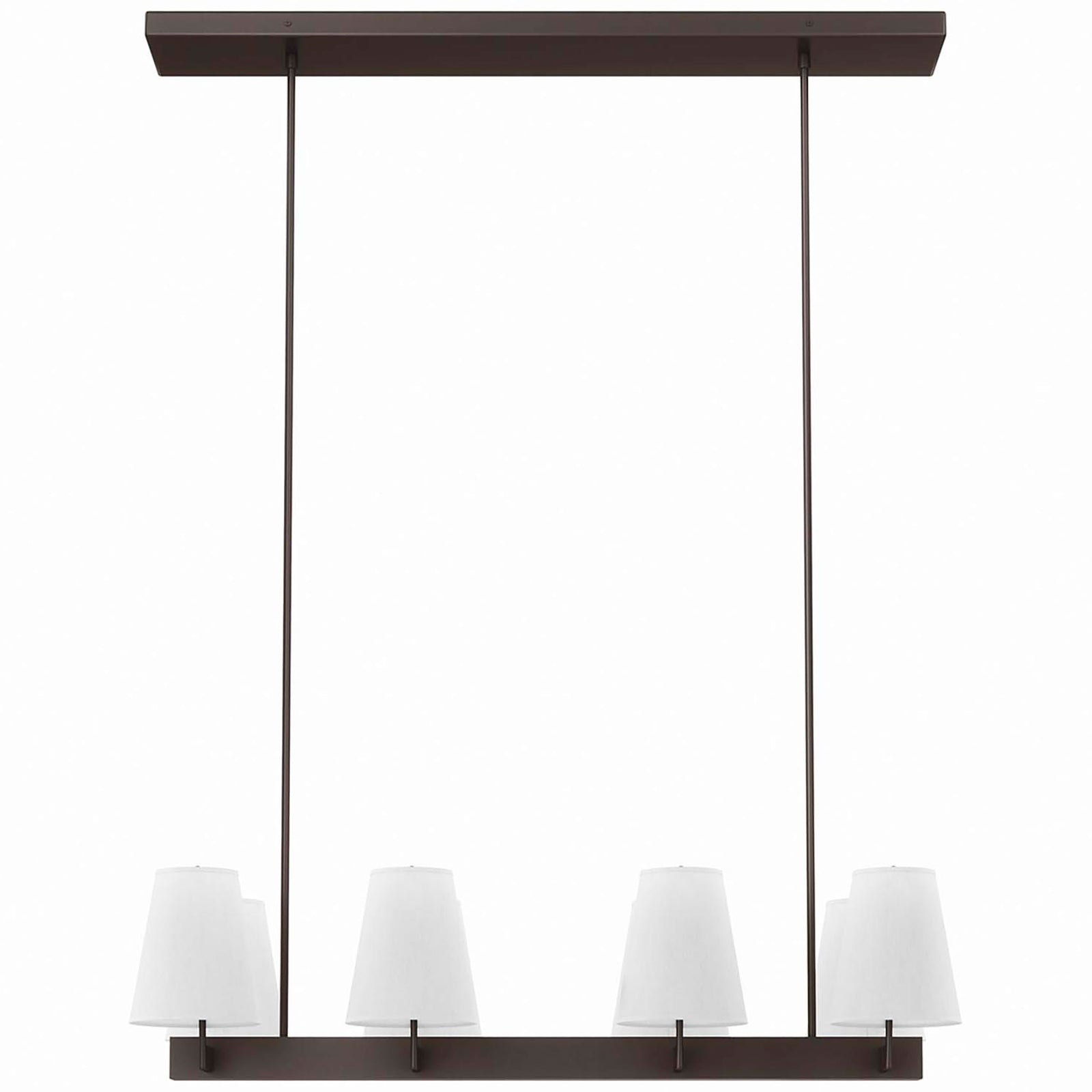 Linear 8-light chandelier with white fabric cone shades and a bronze frame || EEI-5642-WHI-BRZ || front_studio