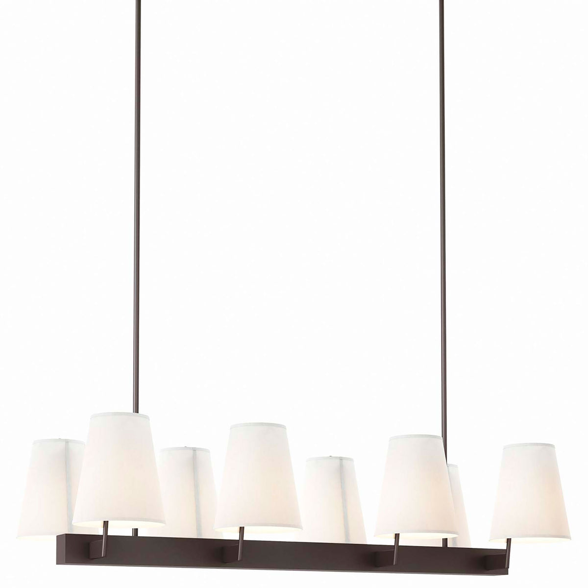 Sleek bronze linear light with eight white fabric shades for warm, balanced illumination || EEI-5642-WHI-BRZ || front_angle_on_studio