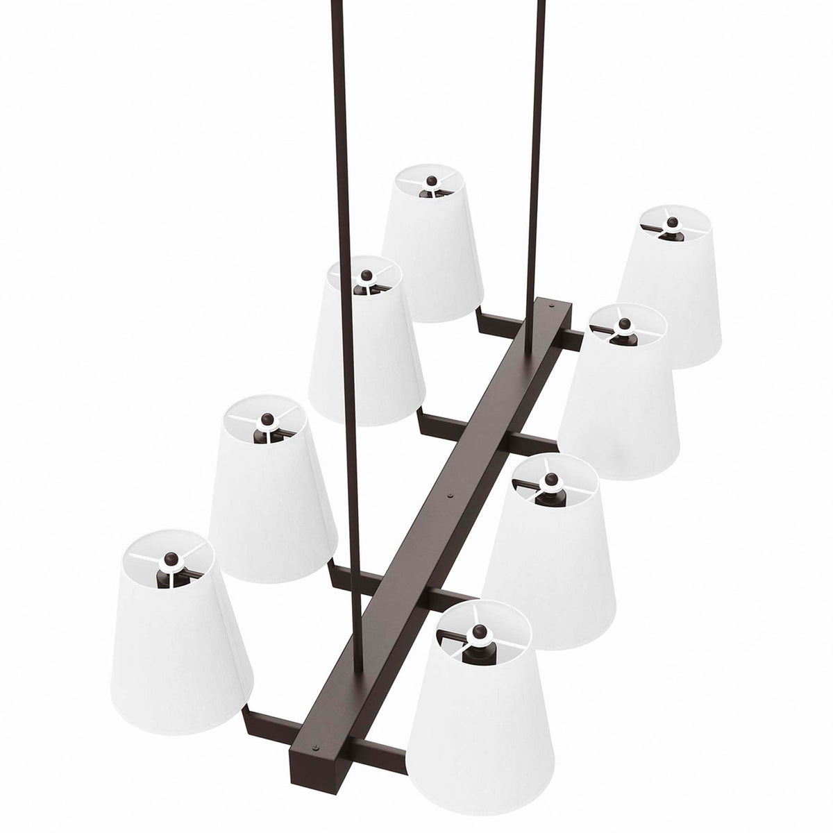 Eight tapered white shades arranged in two rows on a streamlined bronze bar || EEI-5642-WHI-BRZ || top_angle_studio