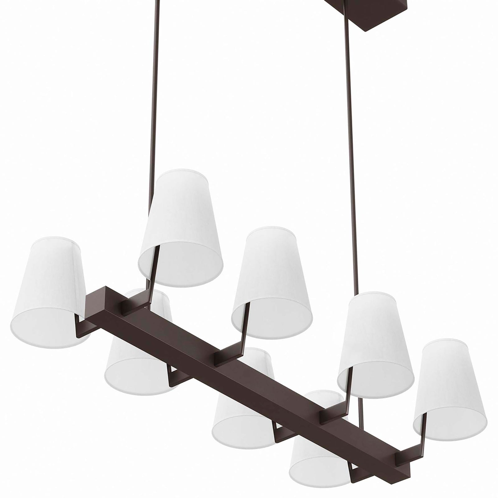 Modern linear chandelier showcasing crisp white shades and clean geometric lines || EEI-5642-WHI-BRZ || front_angle_studio