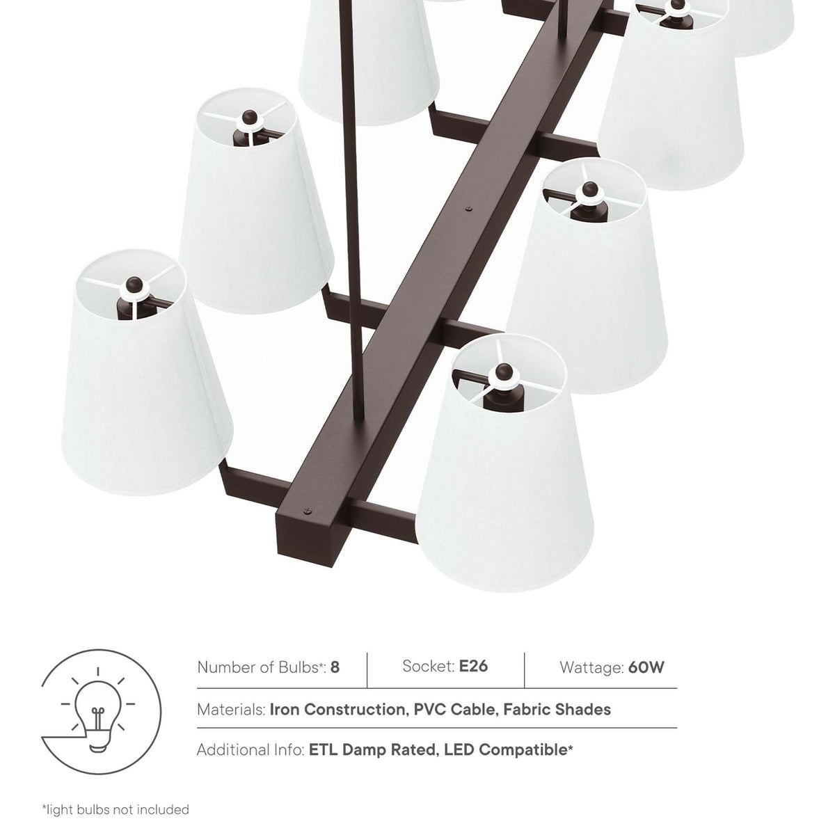 Durable iron construction with fabric shades and eight standard E26 sockets || EEI-5642-WHI-BRZ || callout_studio