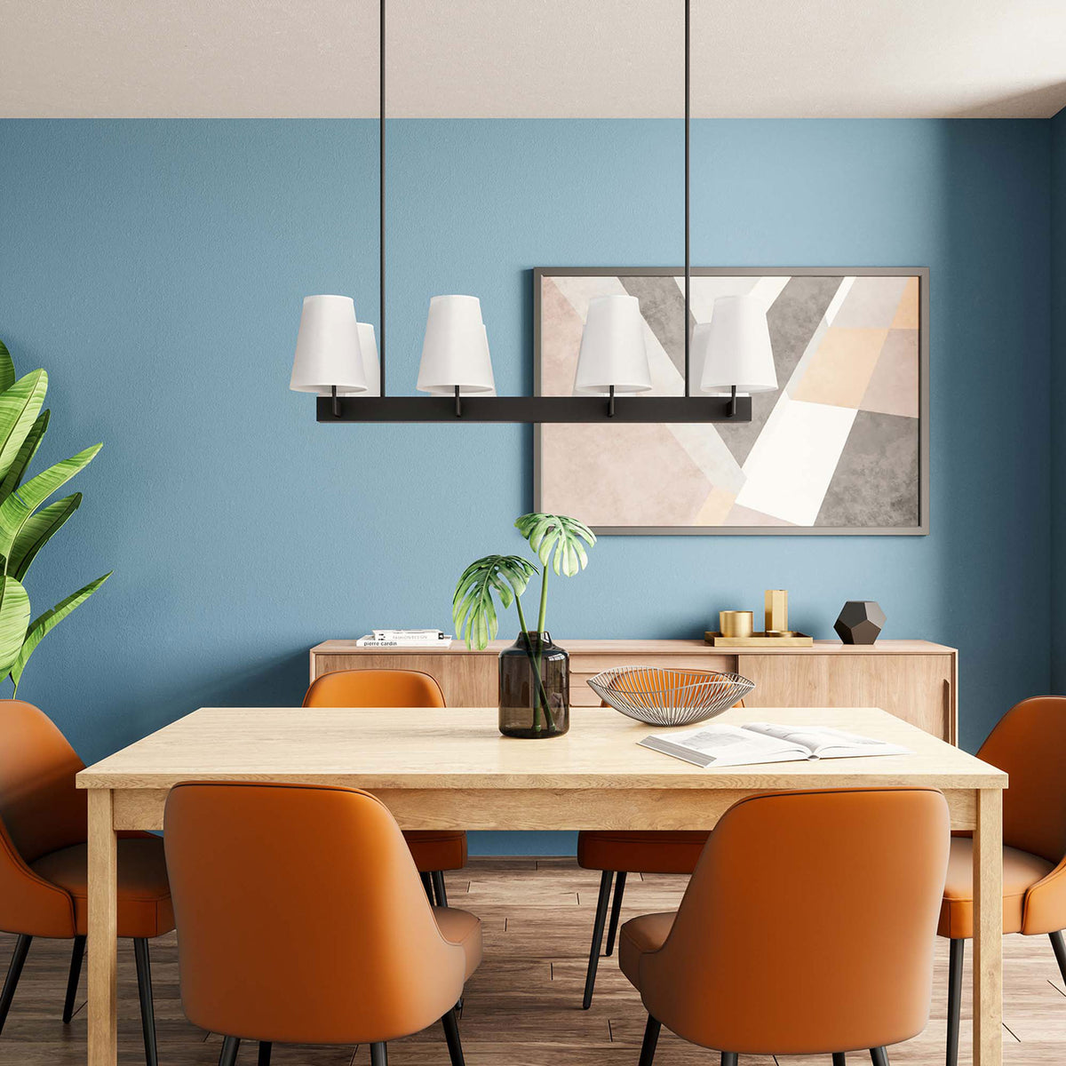 Statement linear chandelier elevates dining spaces with symmetrical eight-shade design || EEI-5642-WHI-BRZ || front_room