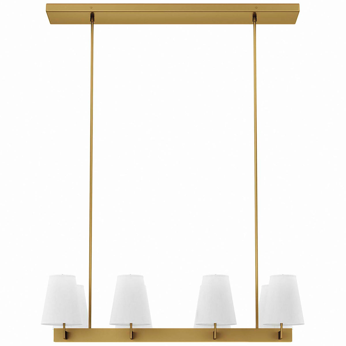 Satin brass linear chandelier with eight white fabric cone shades and dual height-adjustable rods || EEI-5642-WHI-SBR || front_studio