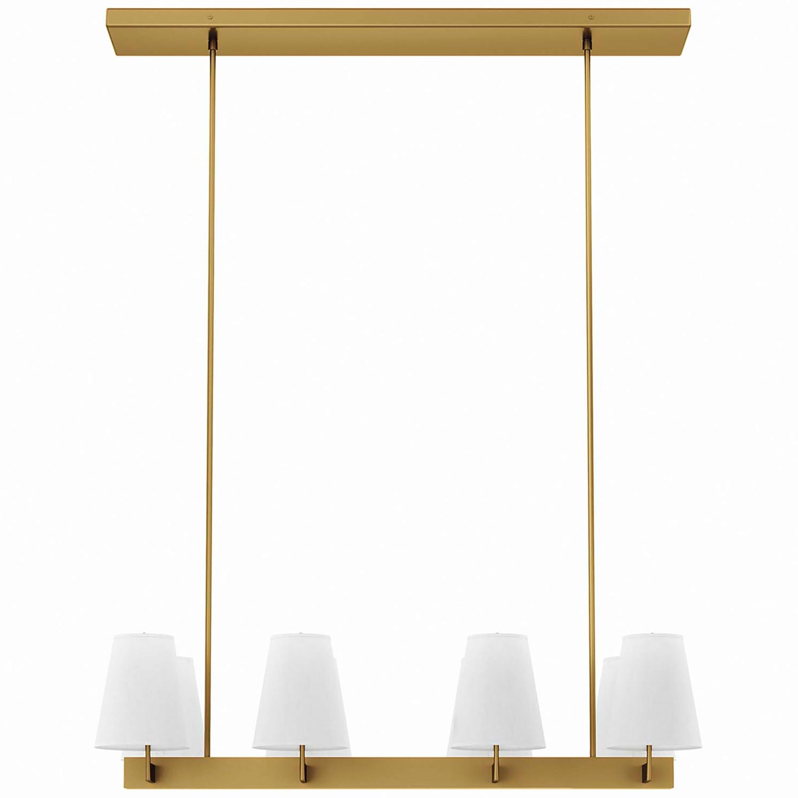 Satin brass linear chandelier with eight white fabric cone shades and dual height-adjustable rods || EEI-5642-WHI-SBR || front_studio