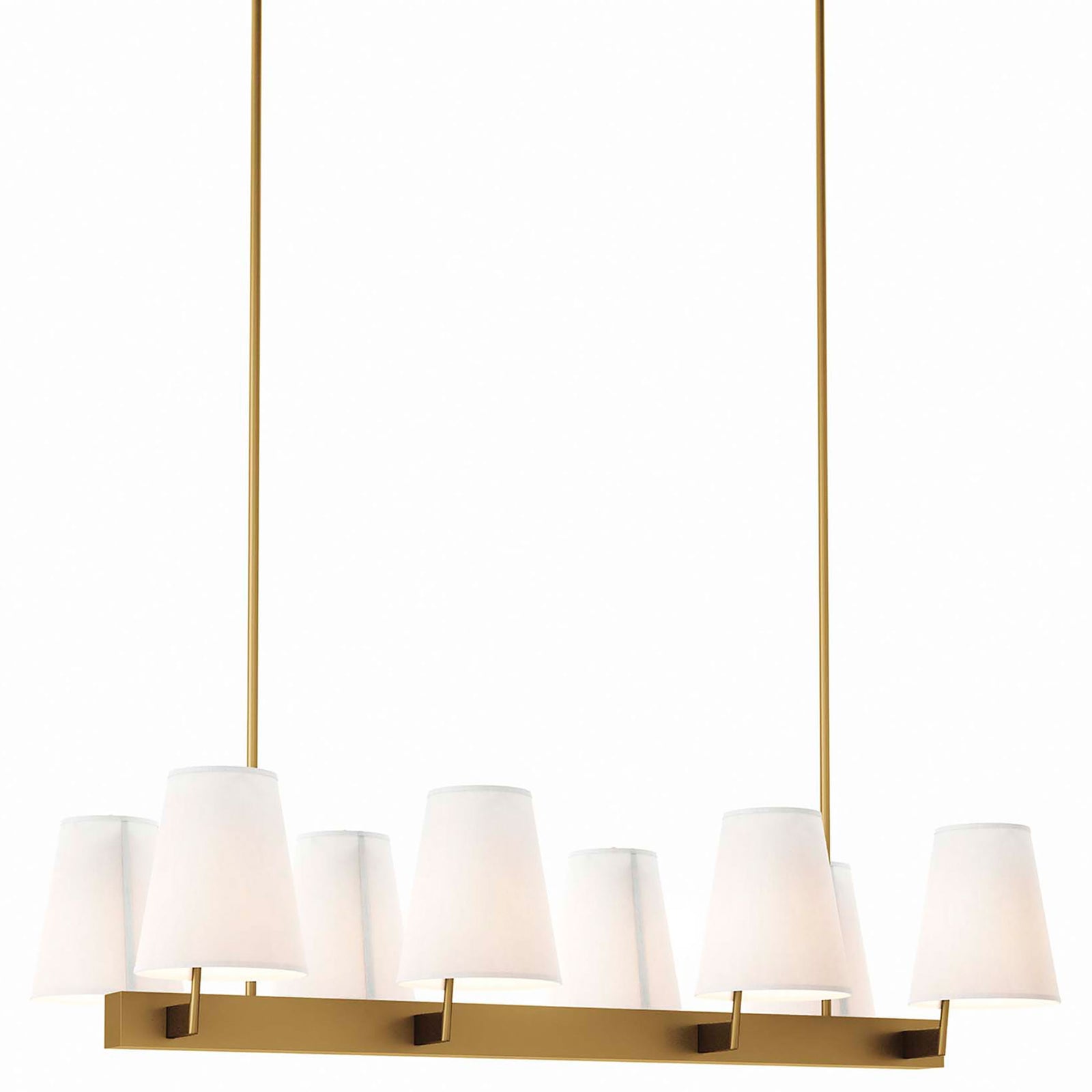 Sleek rectangular frame carries two rows of tapered white shades for a refined modern statement || EEI-5642-WHI-SBR || front_angle_on_studio