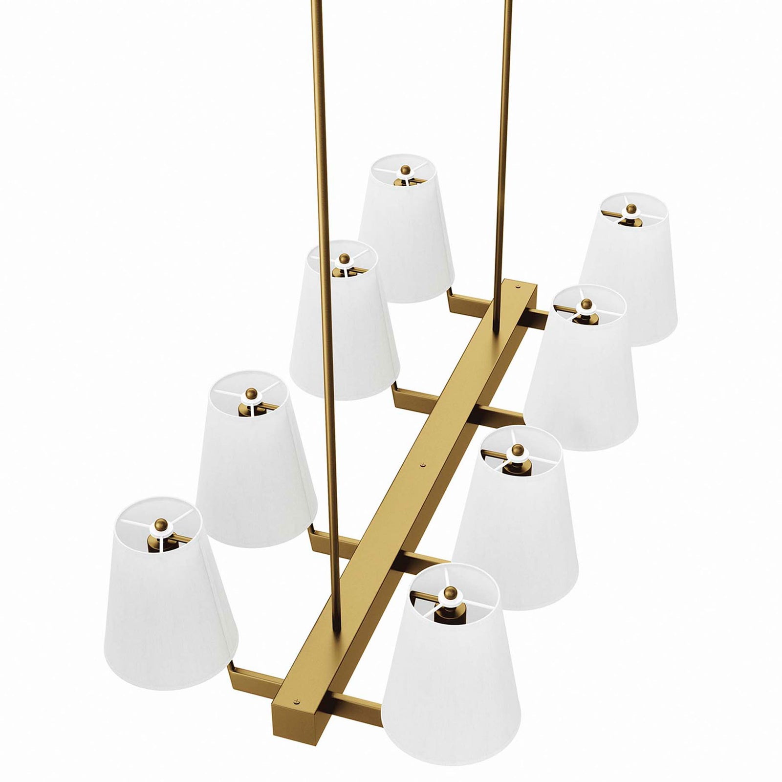 Eight tapered fabric shades arranged along a streamlined satin brass bar || EEI-5642-WHI-SBR || top_angle_studio