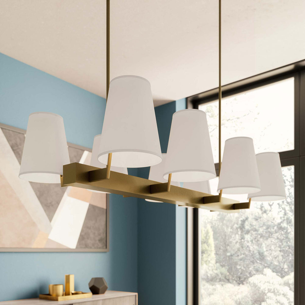 White cone shades and satin brass finish add an elegant touch to contemporary interiors || EEI-5642-WHI-SBR || front_angle_room