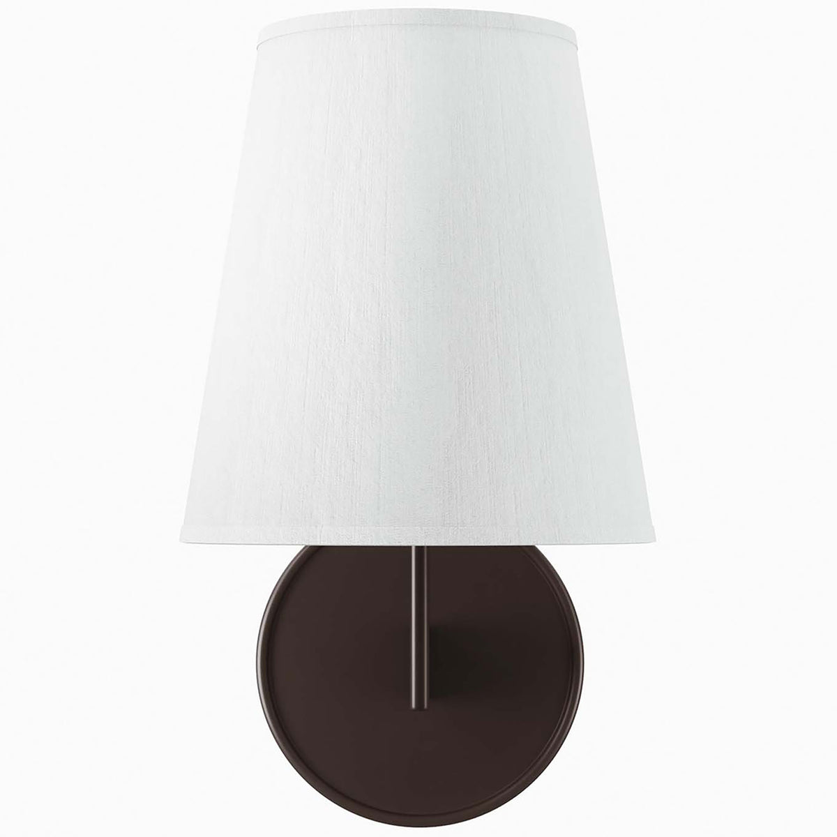 Bronze wall sconce with white fabric cone shade and simple round backplate. || EEI-5643-WHI-BRZ || front_studio