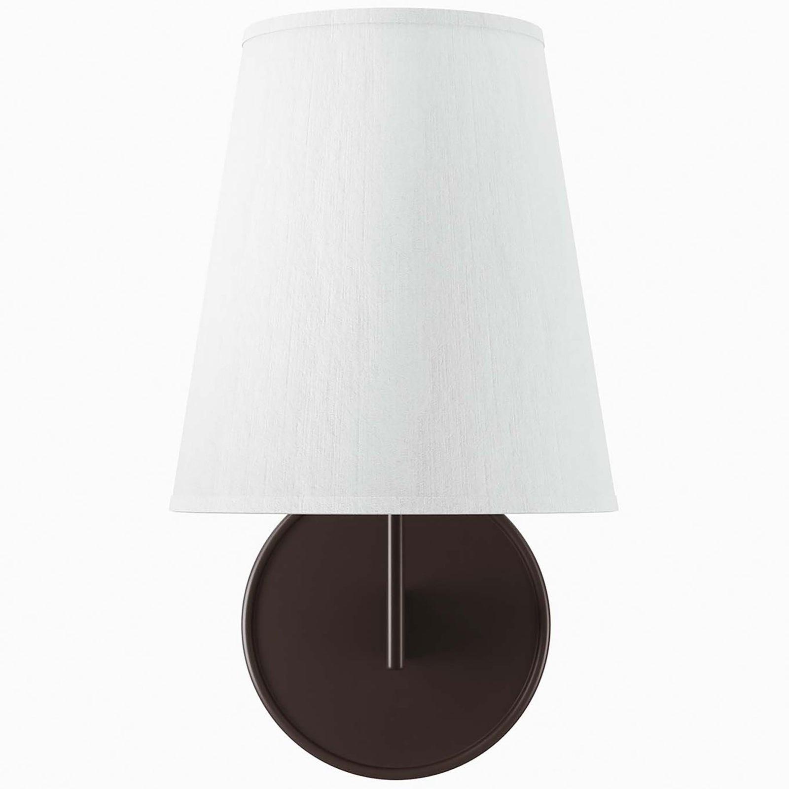 Bronze wall sconce with white fabric cone shade and simple round backplate. || EEI-5643-WHI-BRZ || front_studio