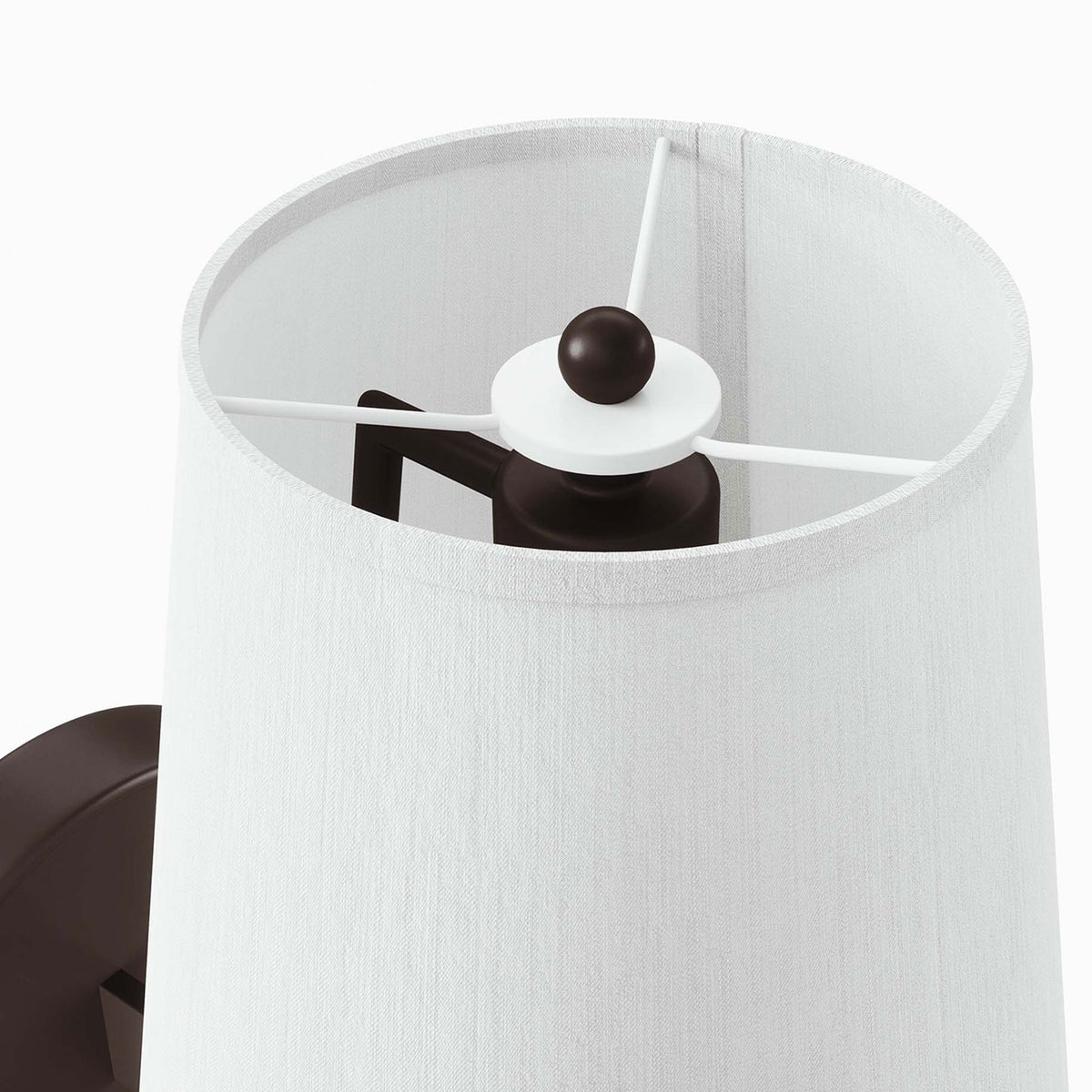 White fabric lampshade with bronze finial and supportive metal spokes at the top. || EEI-5643-WHI-BRZ || shade_studio