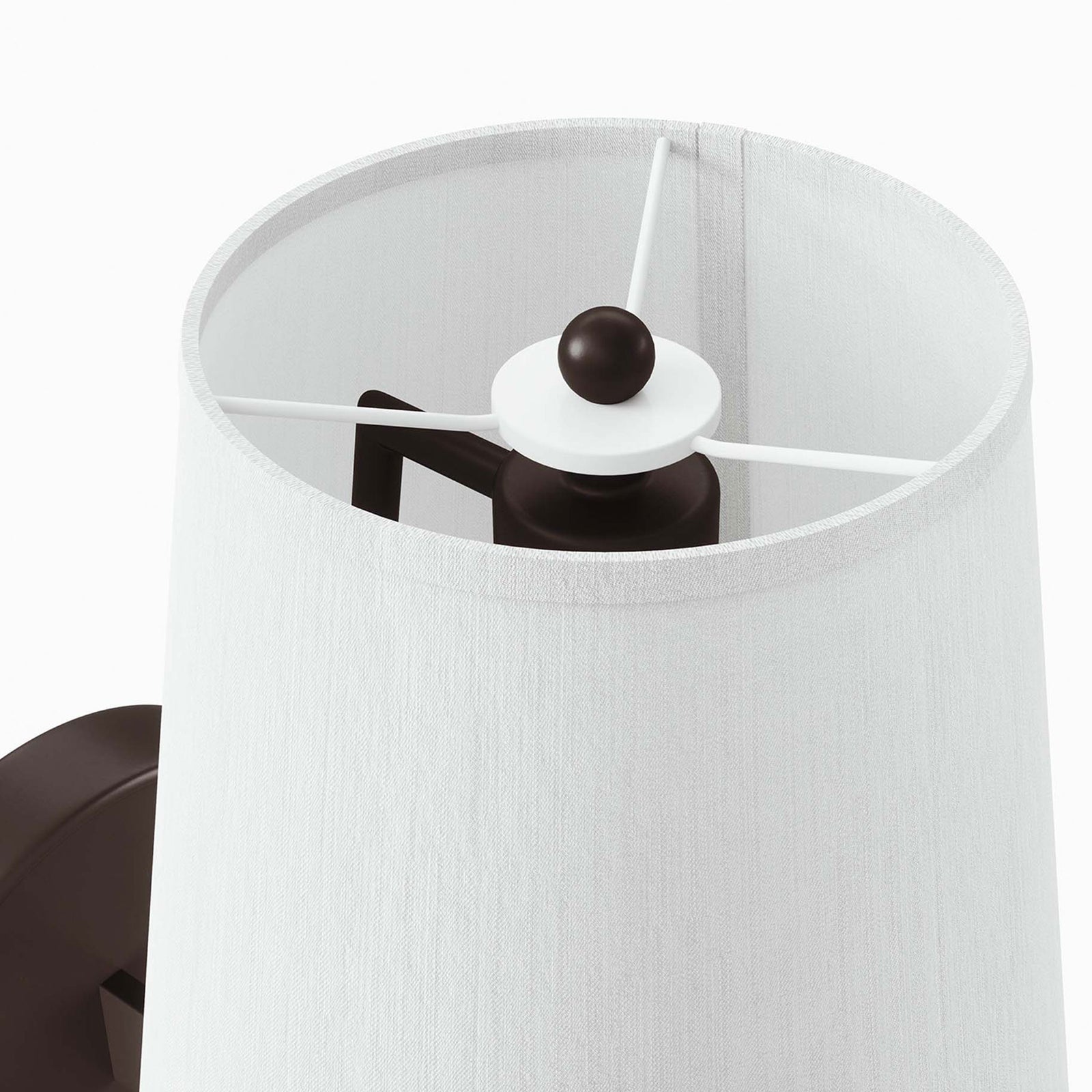 White fabric lampshade with bronze finial and supportive metal spokes at the top. || EEI-5643-WHI-BRZ || shade_studio