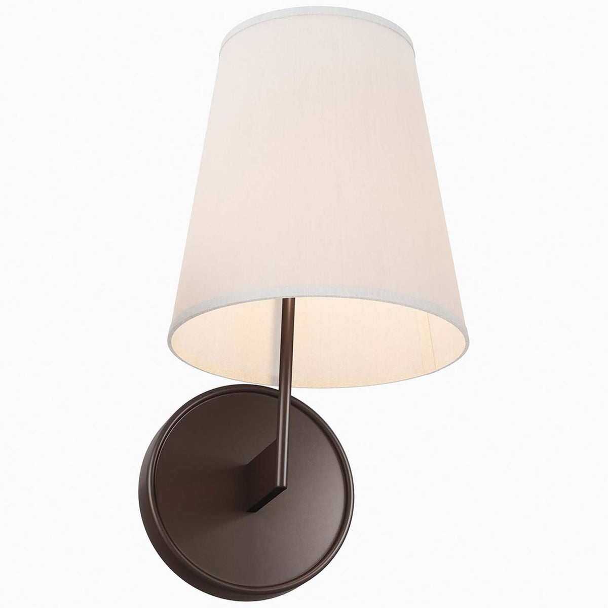 Bronze wall sconce casting warm light from a tapered white fabric shade. || EEI-5643-WHI-BRZ || front_angle_on_studio