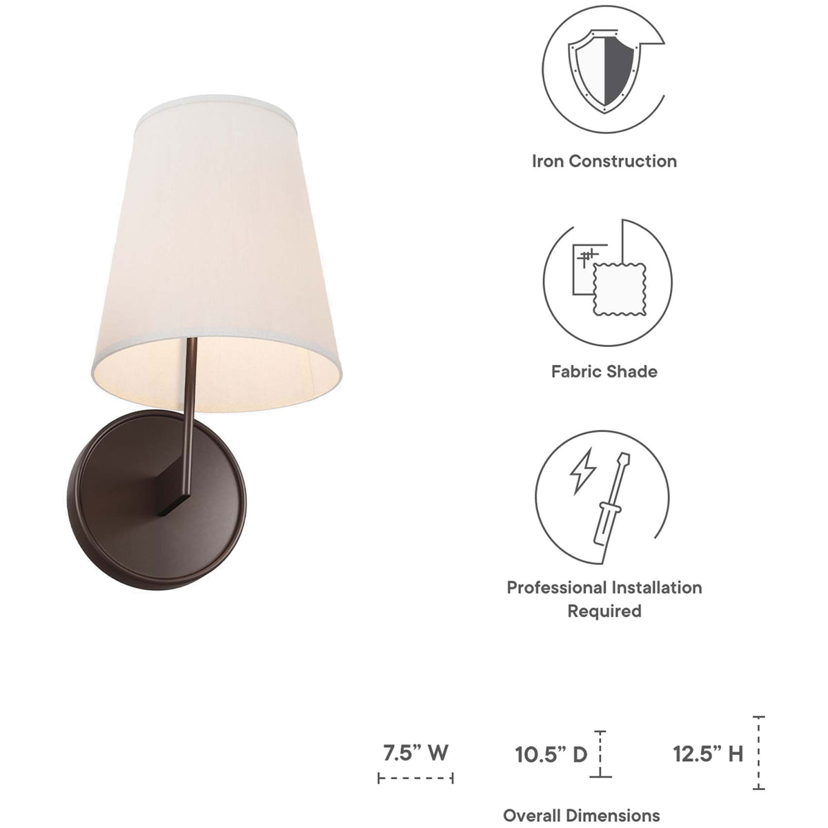 Bronze Surround wall sconce with fabric shade shown with overall width, depth, and height dimensions. || EEI-5643-WHI-BRZ || dimension_studio