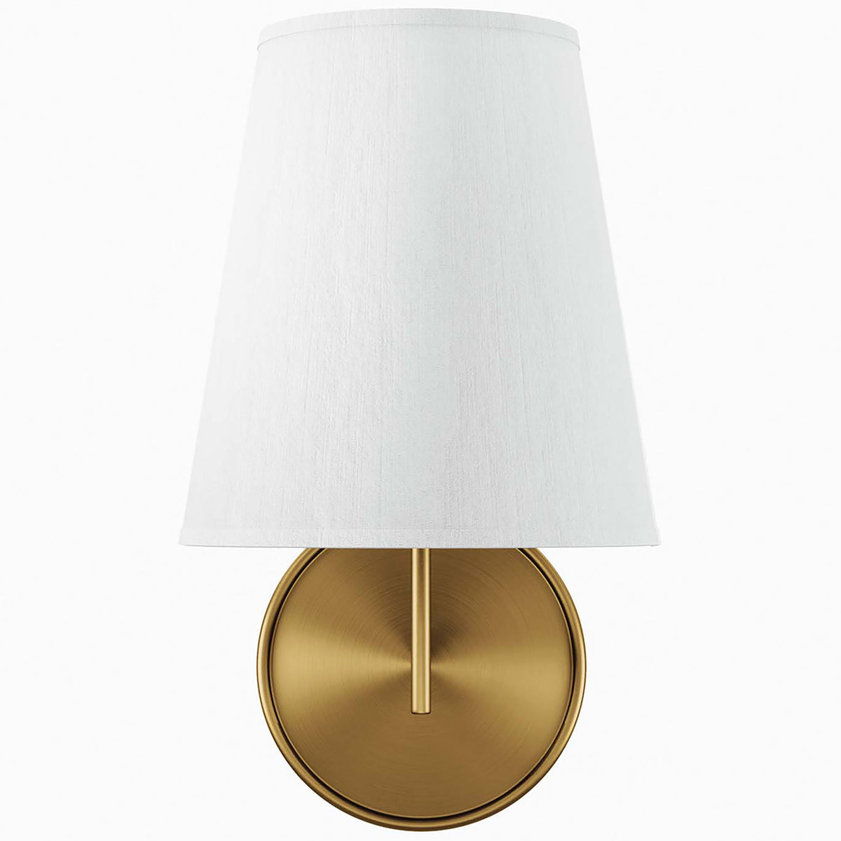 Satin brass wall sconce with crisp white fabric cone shade and round backplate. || EEI-5643-WHI-SBR || front_studio