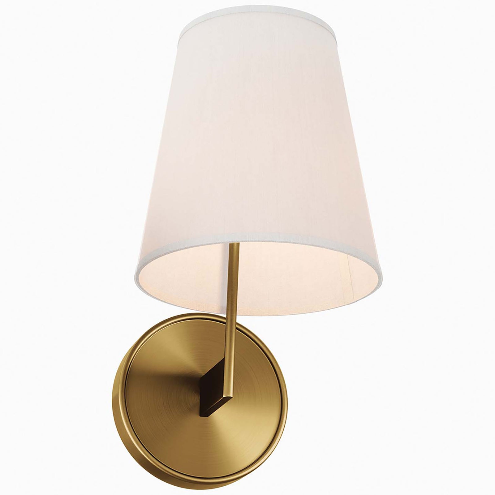 Satin brass wall sconce glowing through a tapered white shade for inviting ambient light. || EEI-5643-WHI-SBR || front_angle_on_studio