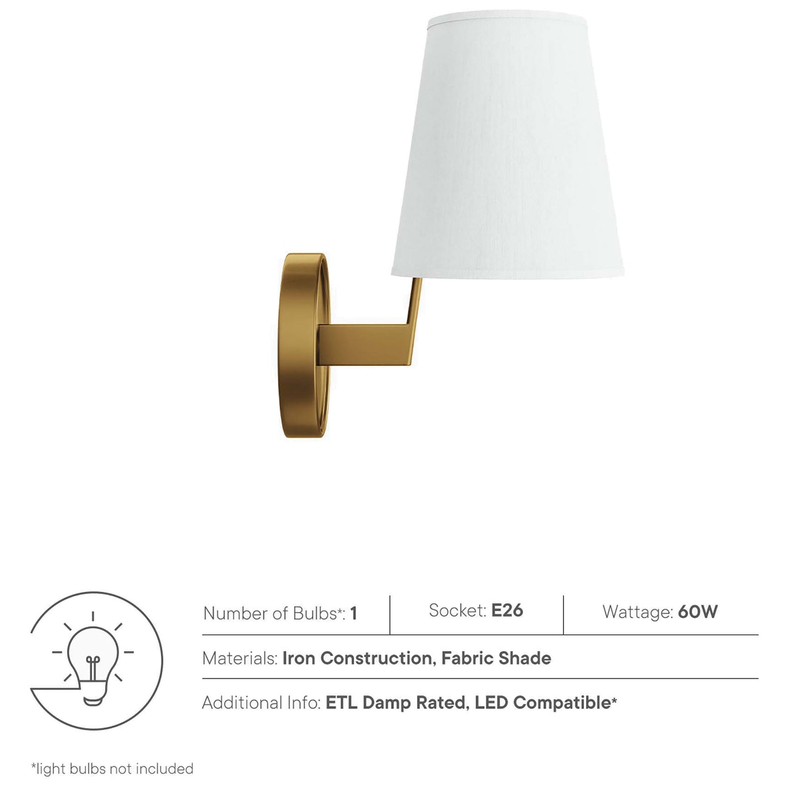 Surround wall sconce in satin brass with fabric shade, E26 socket, and LED compatible rating. || EEI-5643-WHI-SBR || callout_studio