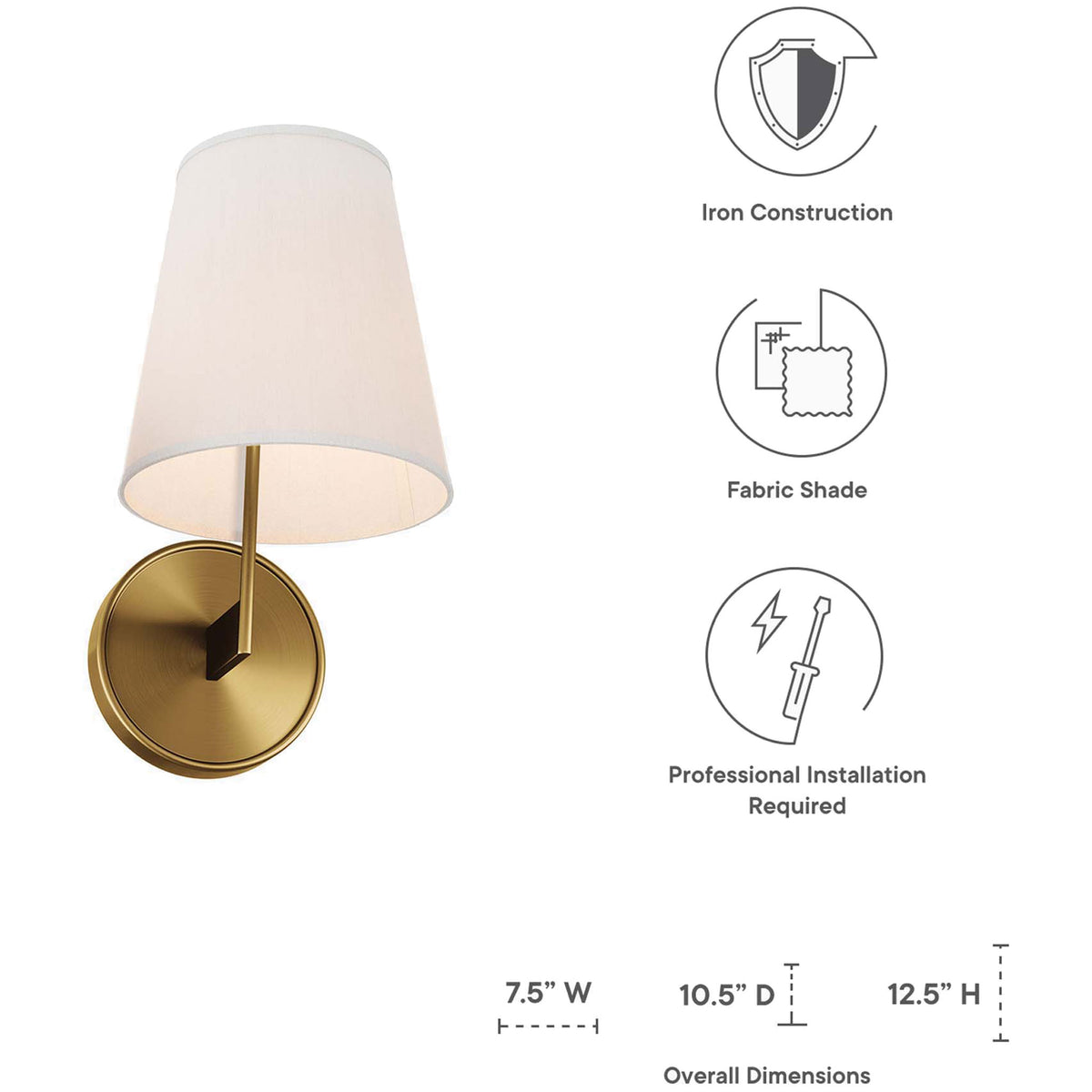 Satin brass Surround wall sconce with fabric shade displayed with overall product dimensions. || EEI-5643-WHI-SBR || dimension_studio