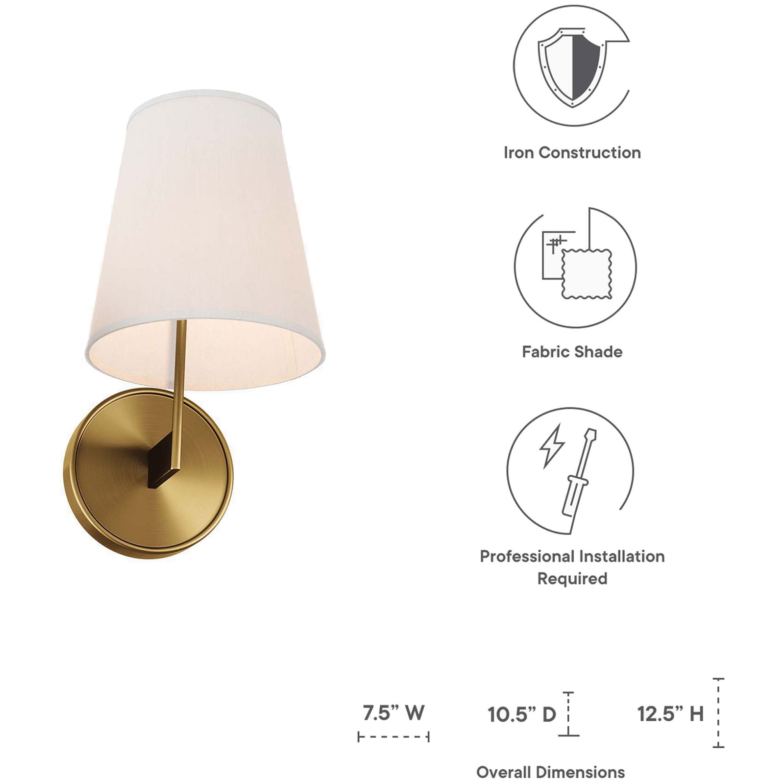 Satin brass Surround wall sconce with fabric shade displayed with overall product dimensions. || EEI-5643-WHI-SBR || dimension_studio