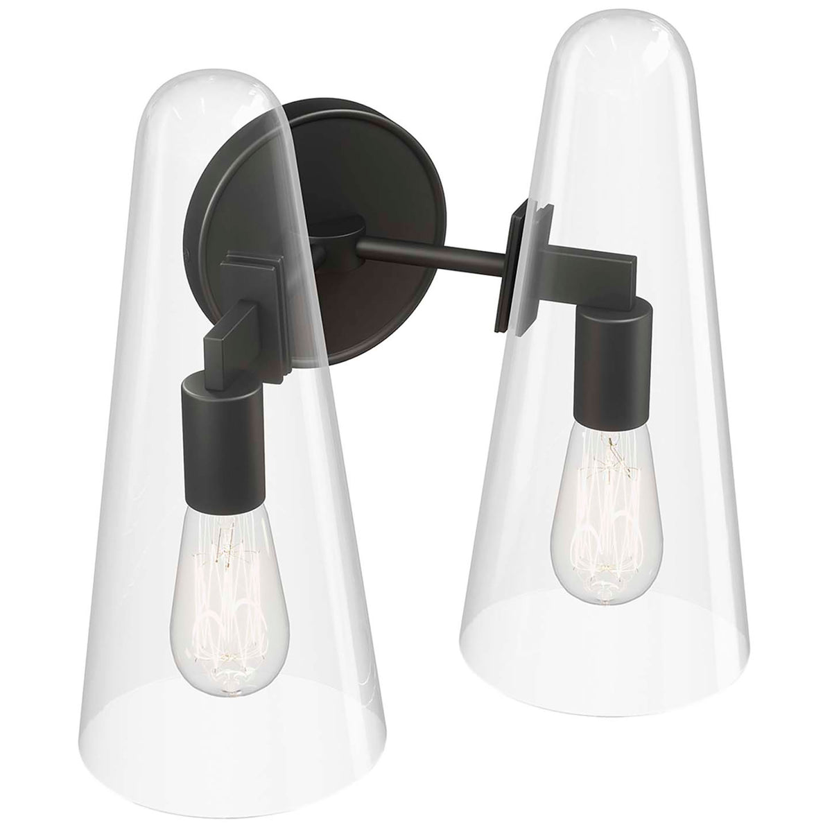 Beacon black 2-light wall sconce with twin clear glass cones and exposed bulbs || EEI-5646-CLR-BLK || front_angle_on_studio