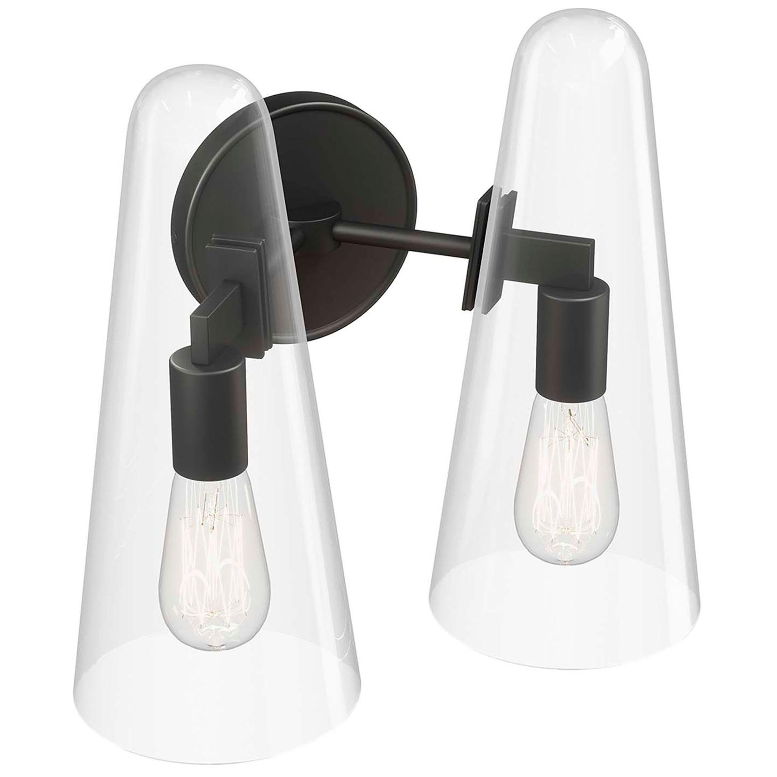 Beacon black 2-light wall sconce with twin clear glass cones and exposed bulbs || EEI-5646-CLR-BLK || front_angle_on_studio