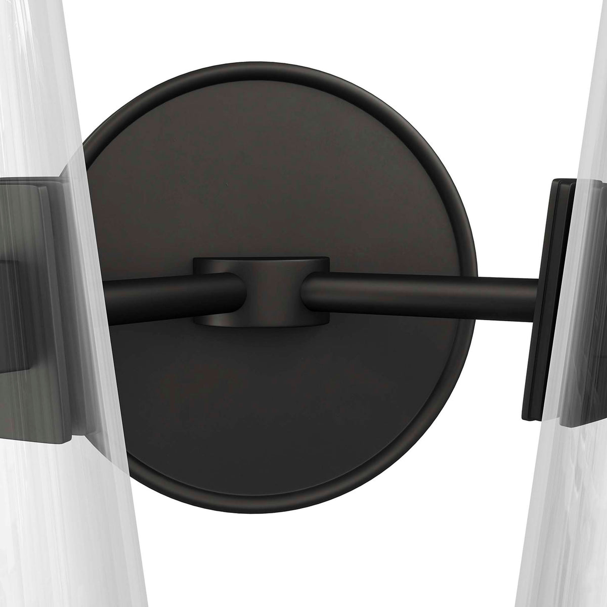 Round matte black backplate and arm detailing on the Beacon clear glass wall sconce || EEI-5646-CLR-BLK || detail_studio