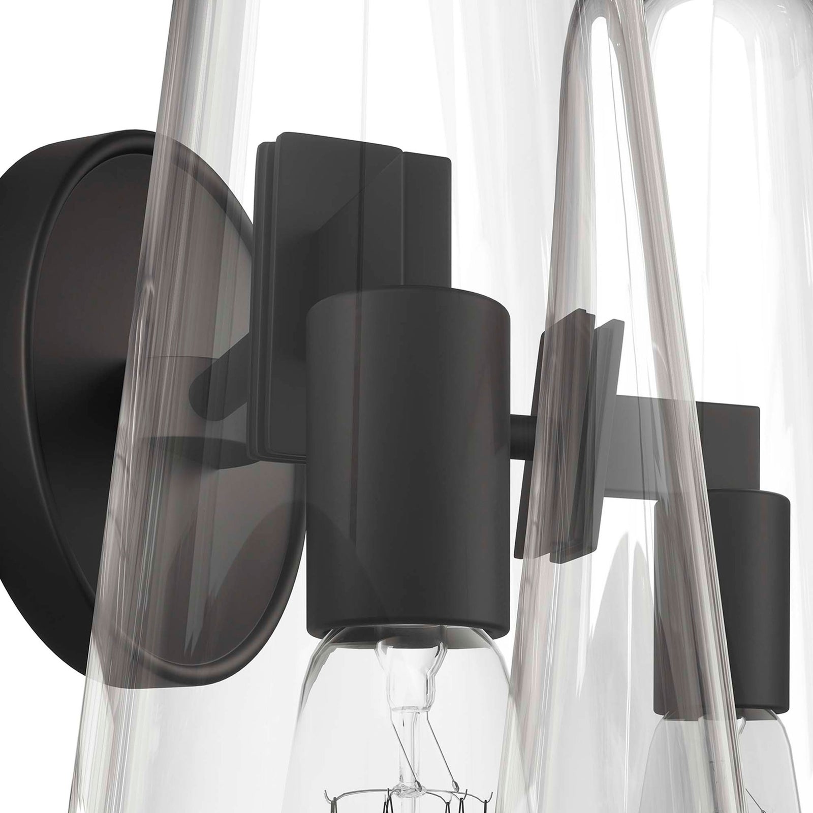 Geometric black metal arms and sockets framed by slim clear glass cone shades || EEI-5646-CLR-BLK || detail_studio