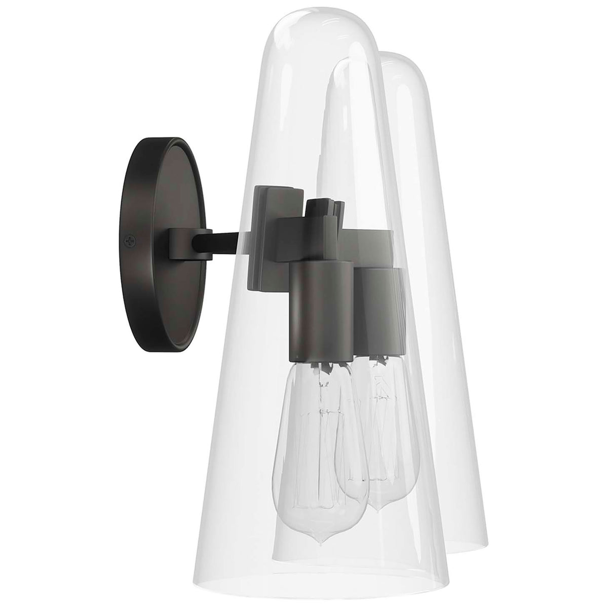 Slim dual clear glass cones extend from a round black backplate for modern wall lighting || EEI-5646-CLR-BLK || side_studio