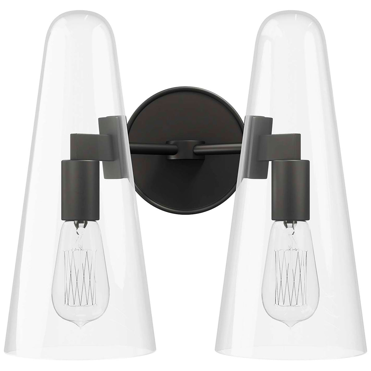 Minimalist black 2-light wall sconce with symmetrical clear glass cone shades || EEI-5646-CLR-BLK || front_studio