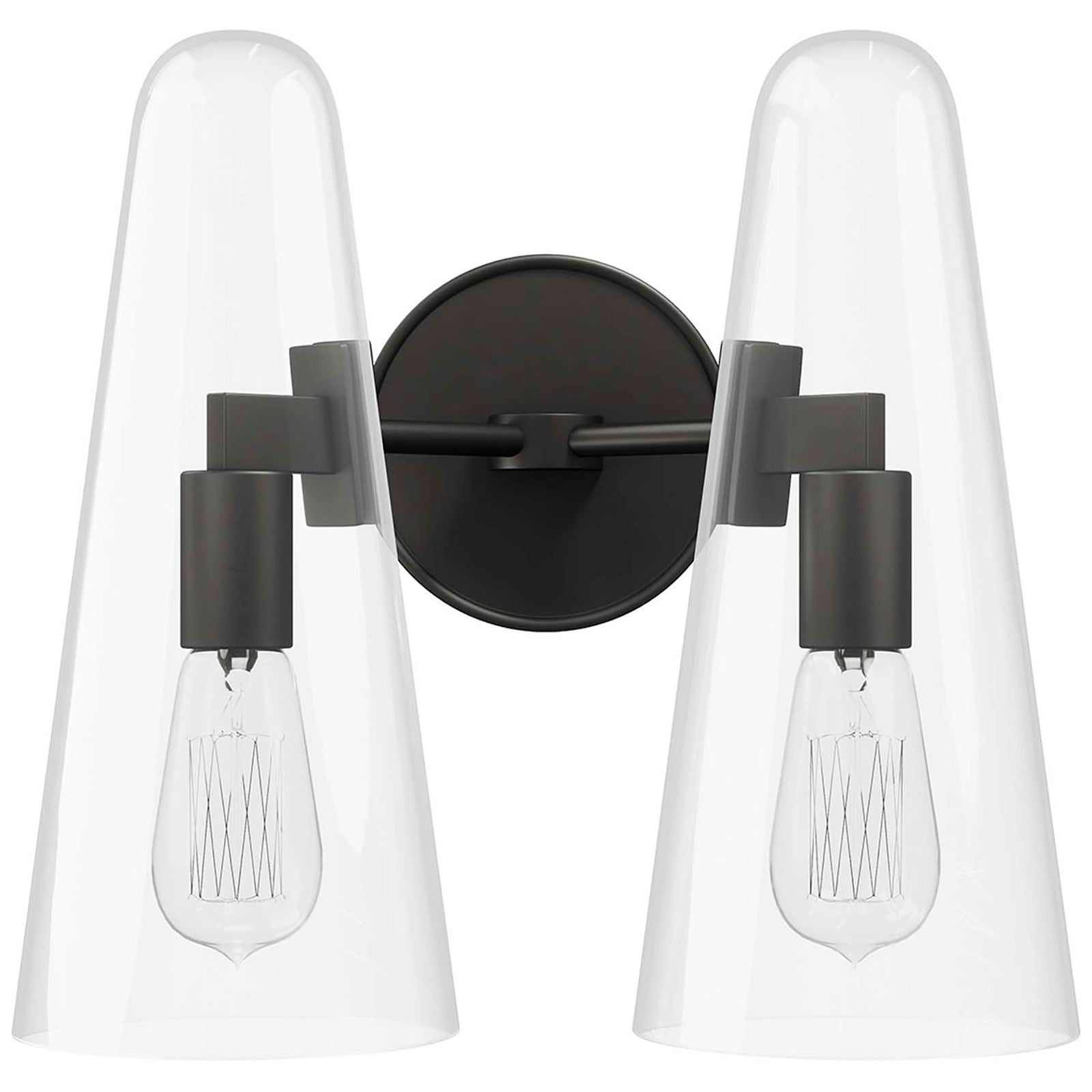 Minimalist black 2-light wall sconce with symmetrical clear glass cone shades || EEI-5646-CLR-BLK || front_studio