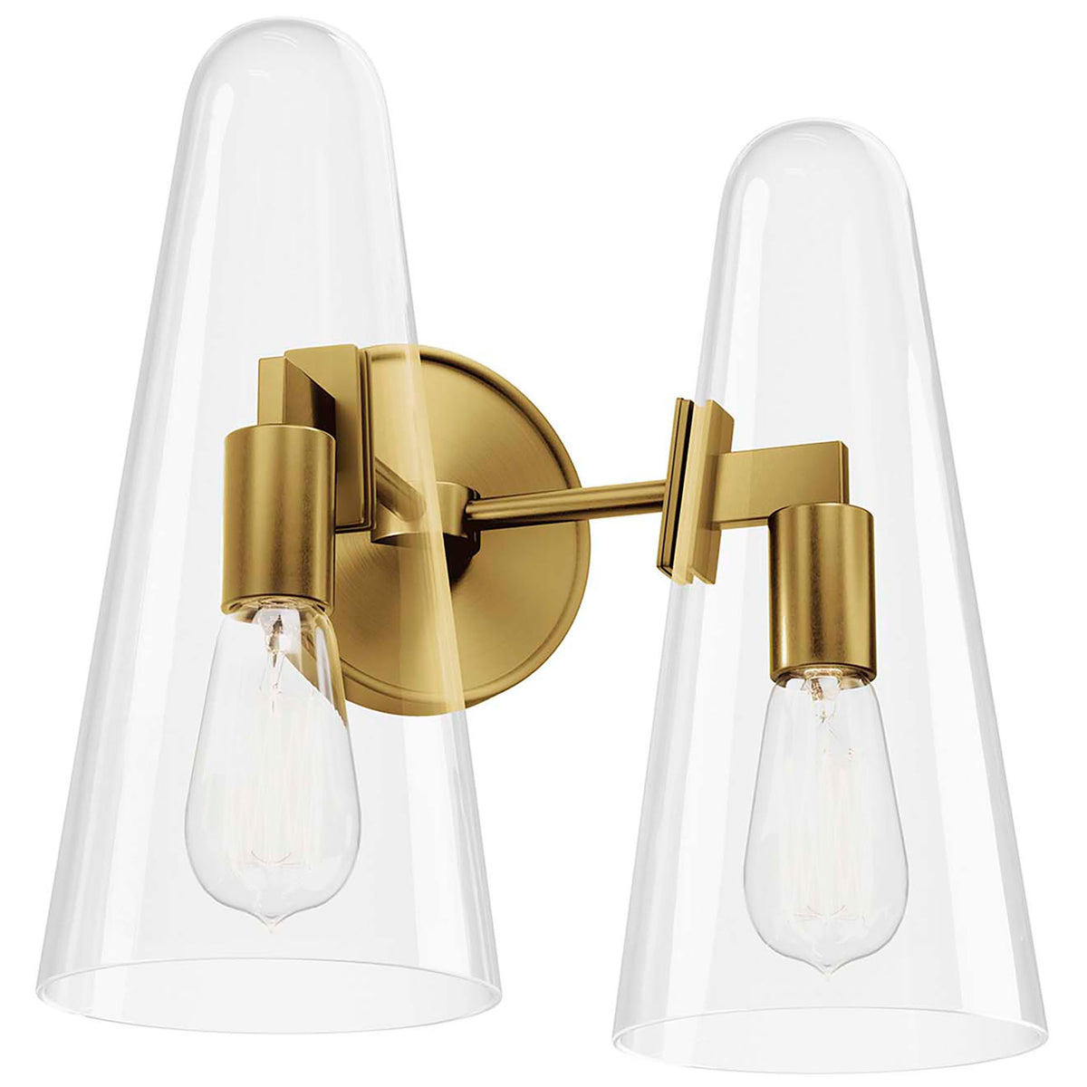 Beacon satin brass 2-light wall sconce with clear glass cones and vintage-style bulbs || EEI-5646-CLR-SBR || front_angle_on_studio