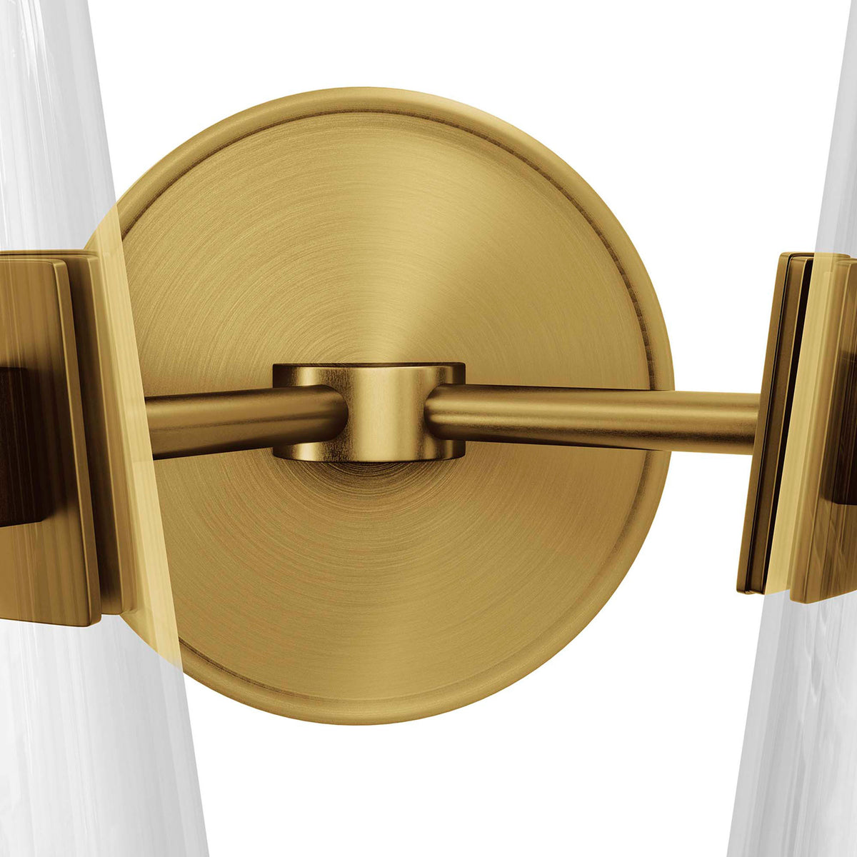 Round satin brass backplate and arm detailing for the Beacon clear glass wall sconce || EEI-5646-CLR-SBR || detail_studio