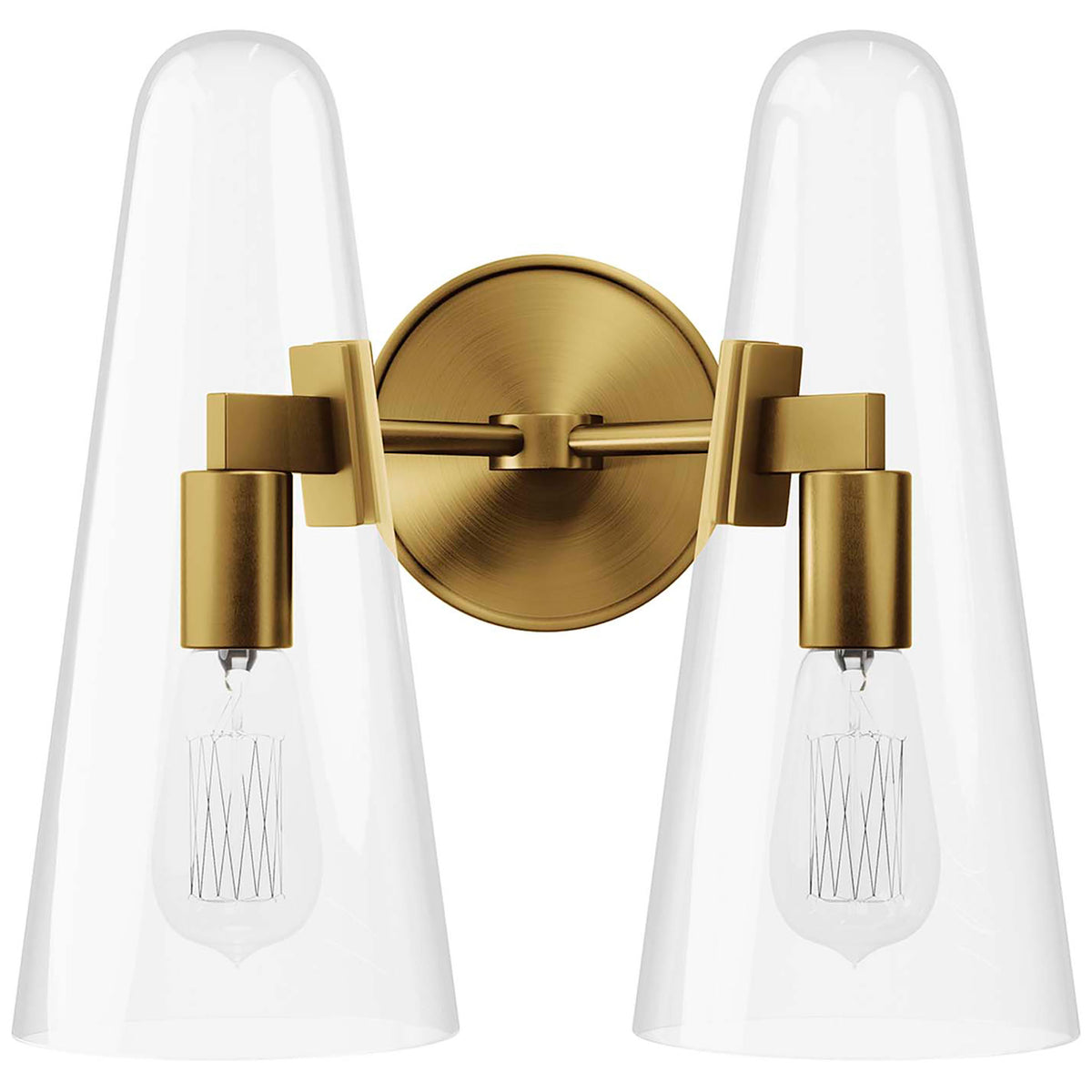 Minimalist satin brass 2-light wall sconce with symmetrical clear glass cone shades || EEI-5646-CLR-SBR || front_studio