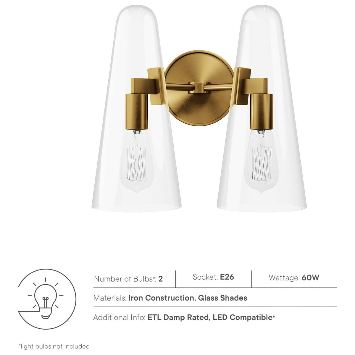 Beacon satin brass 2-light wall sconce with clear glass shades, iron construction, and ETL damp rating || EEI-5646-CLR-SBR || callout_studio