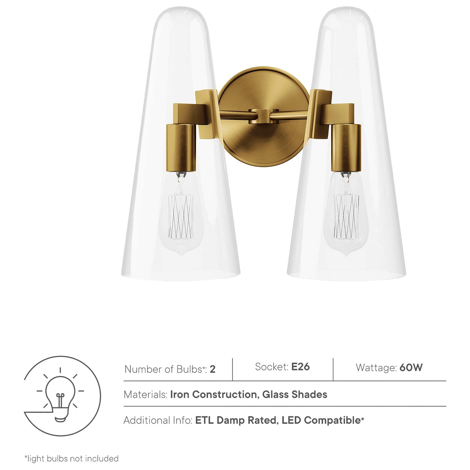 Beacon satin brass 2-light wall sconce with clear glass shades, iron construction, and ETL damp rating || EEI-5646-CLR-SBR || callout_studio