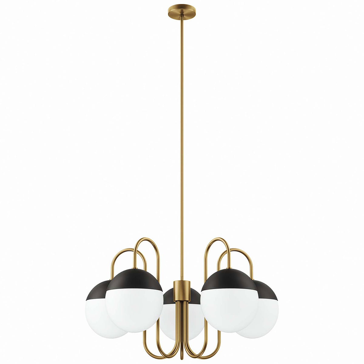 Five opal glass globes, satin brass swooping arms, and black caps create modern sculptural style || EEI-5658-OPA-SBR || front_studio