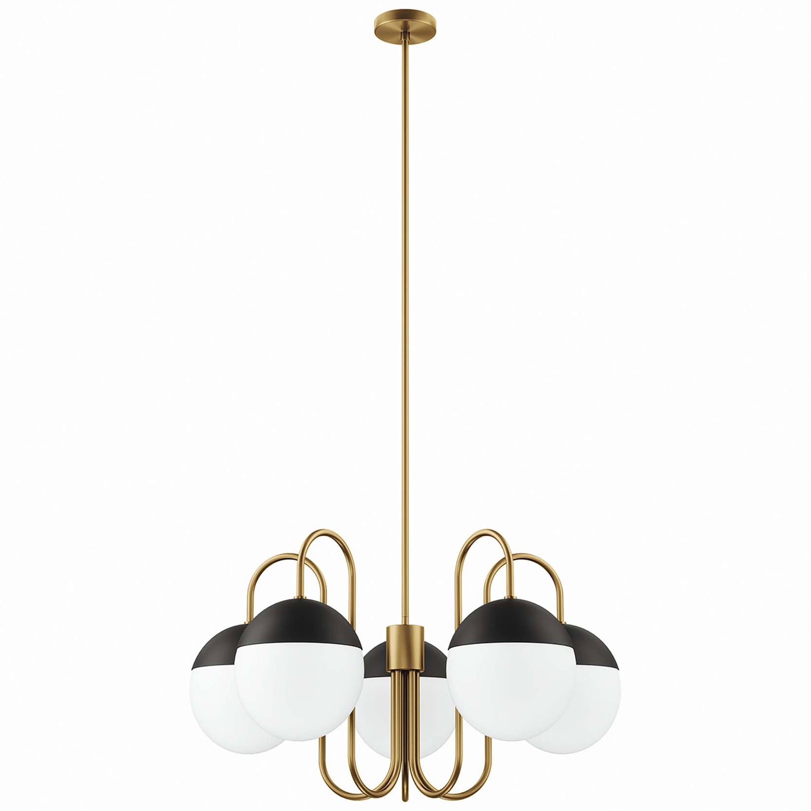 Five opal glass globes, satin brass swooping arms, and black caps create modern sculptural style || EEI-5658-OPA-SBR || front_studio