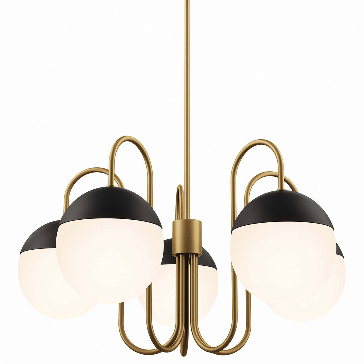 Glowing opal glass globes contrast with satin brass curves and black caps for inviting ambiance || EEI-5658-OPA-SBR || front_on_studio