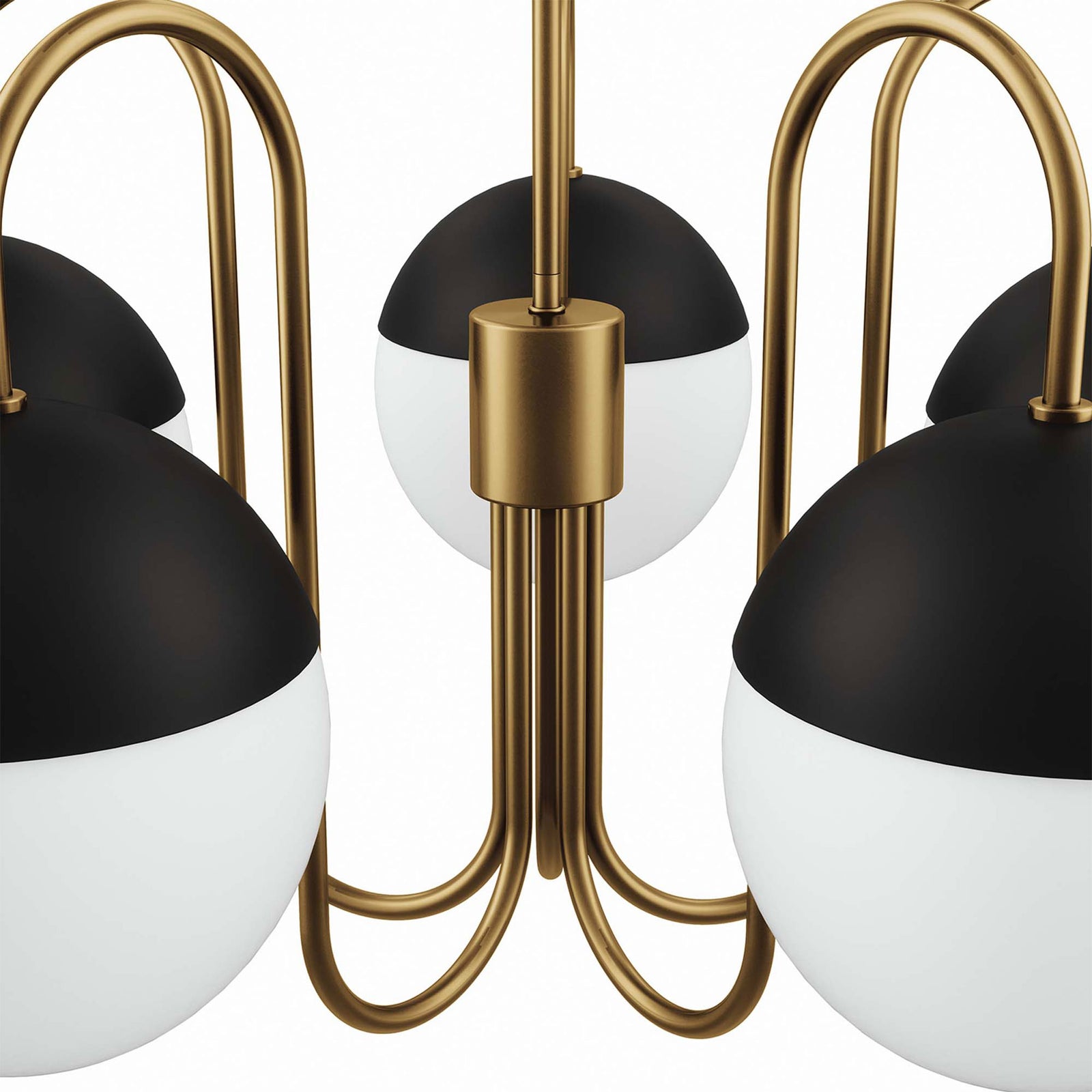 Graceful swooping arms meet a minimalist hub in satin brass with black-capped opal globes || EEI-5658-OPA-SBR || detail_studio