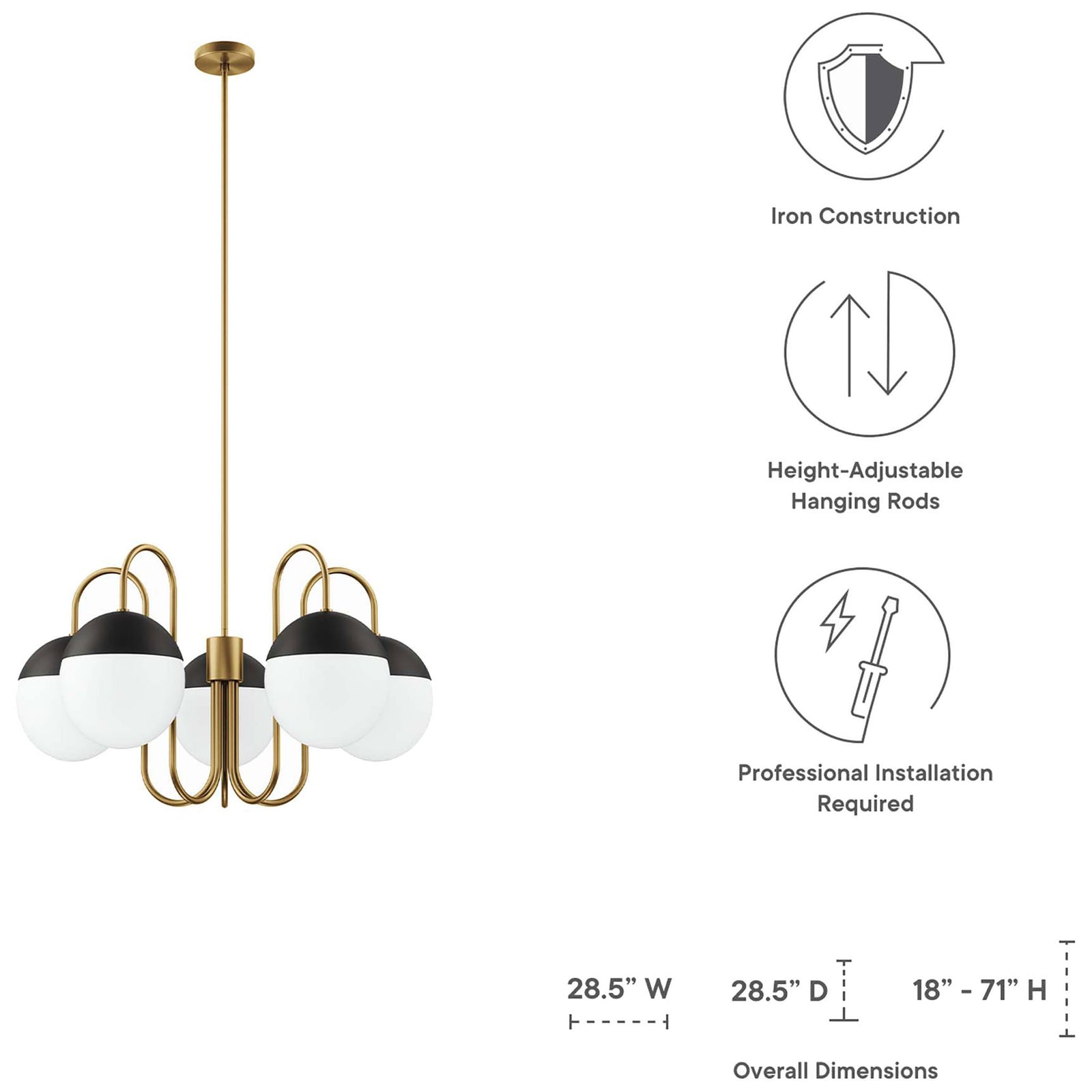 Height-adjustable rods and 28.5 inch width make fitting this chandelier simple in varied spaces || EEI-5658-OPA-SBR || dimension_studio
