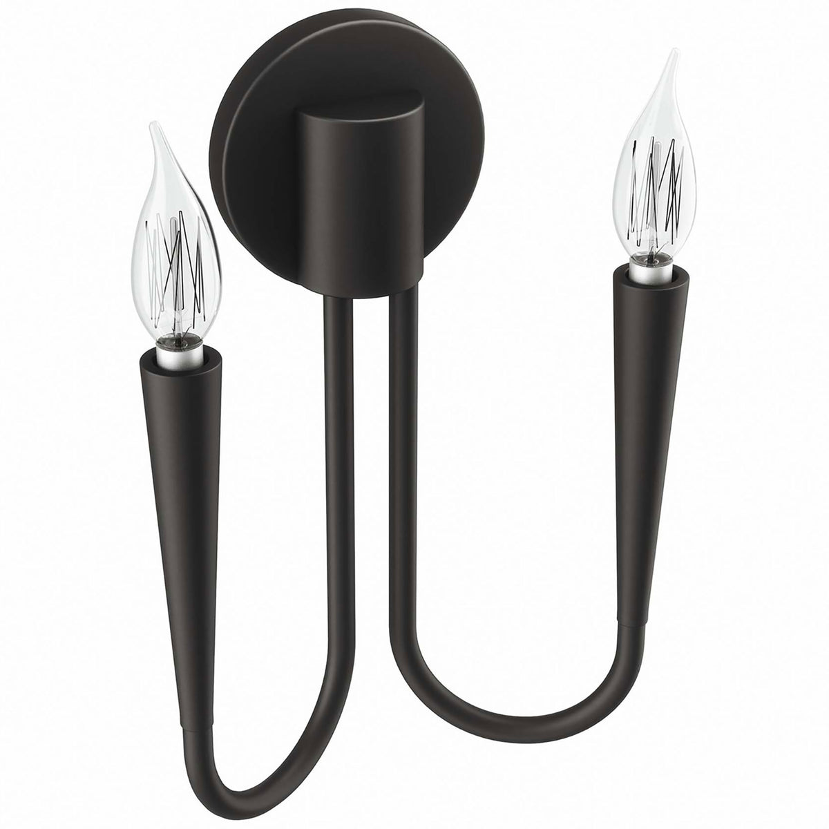 Modern black Penrose wall sconce with twin U-shaped arms and sleek tapered candle sockets. || EEI-5666-BLK || front_angle_studio