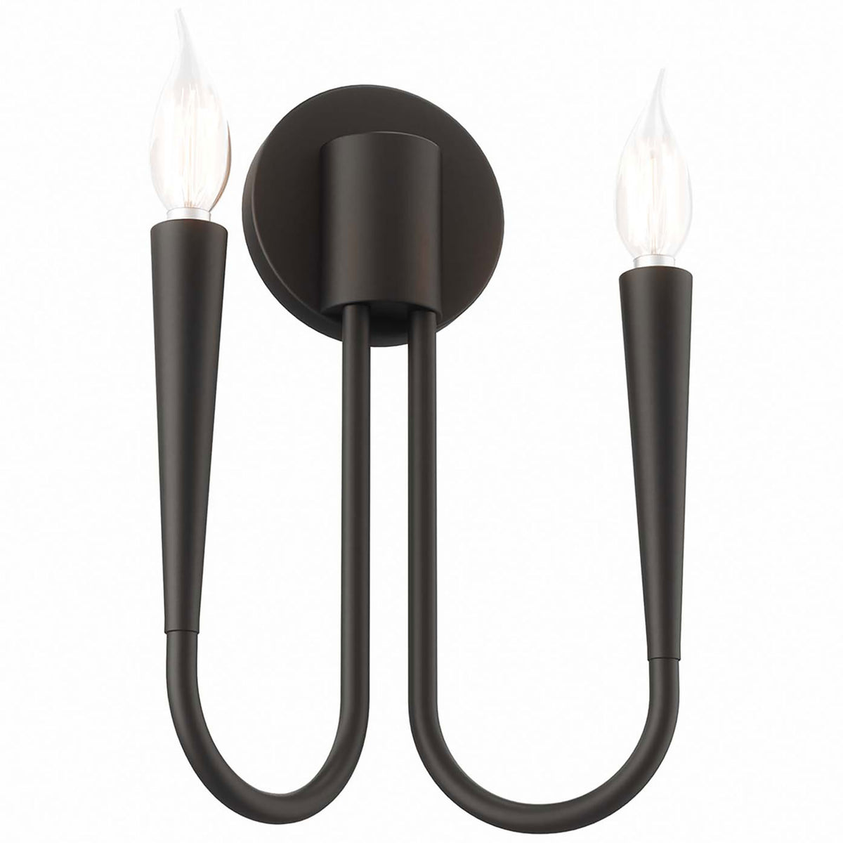 Black Penrose 2-light wall sconce glows warmly, pairing slender curved arms with candle-style bulbs for soft ambiance. || EEI-5666-BLK || front_on_studio