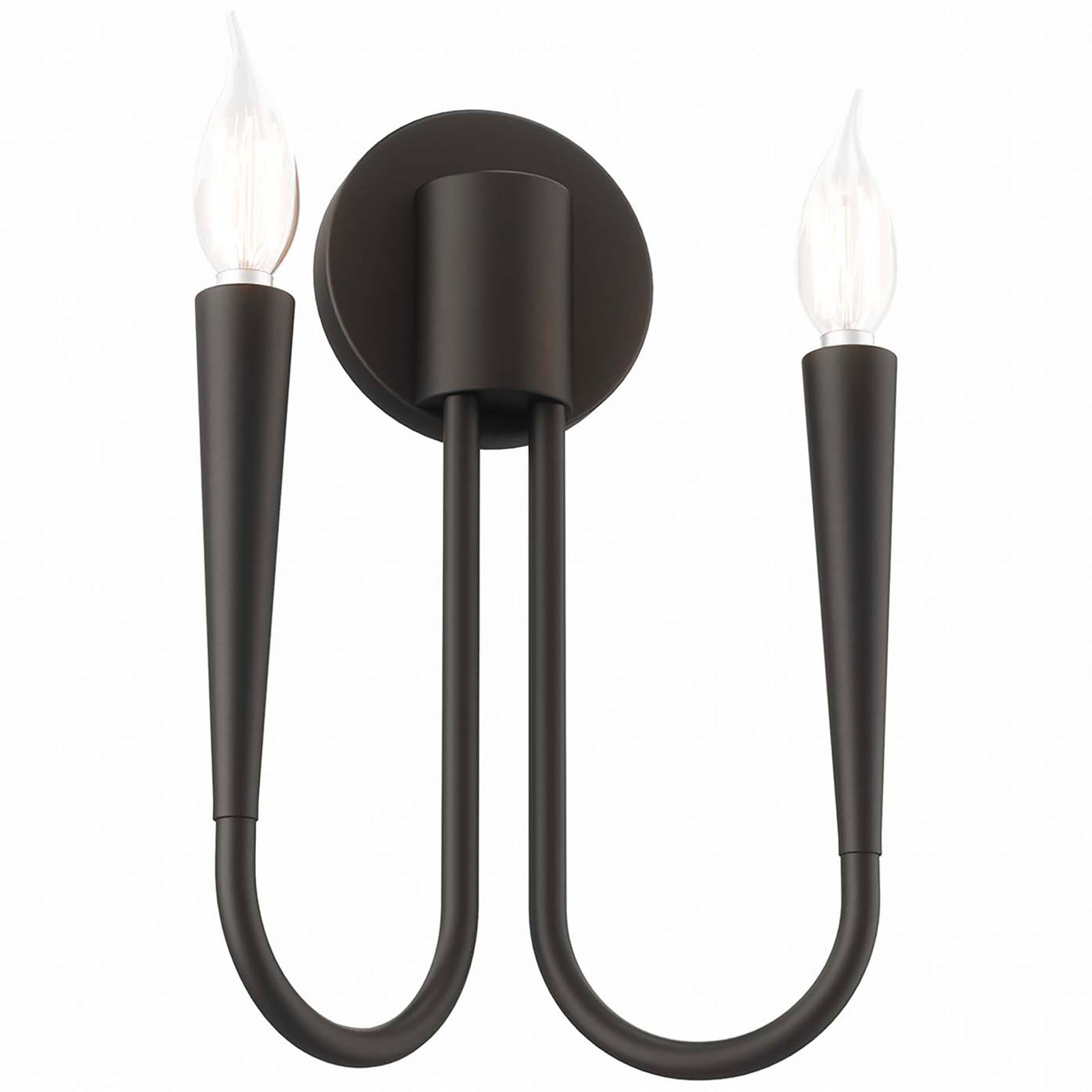 Black Penrose 2-light wall sconce glows warmly, pairing slender curved arms with candle-style bulbs for soft ambiance. || EEI-5666-BLK || front_on_studio