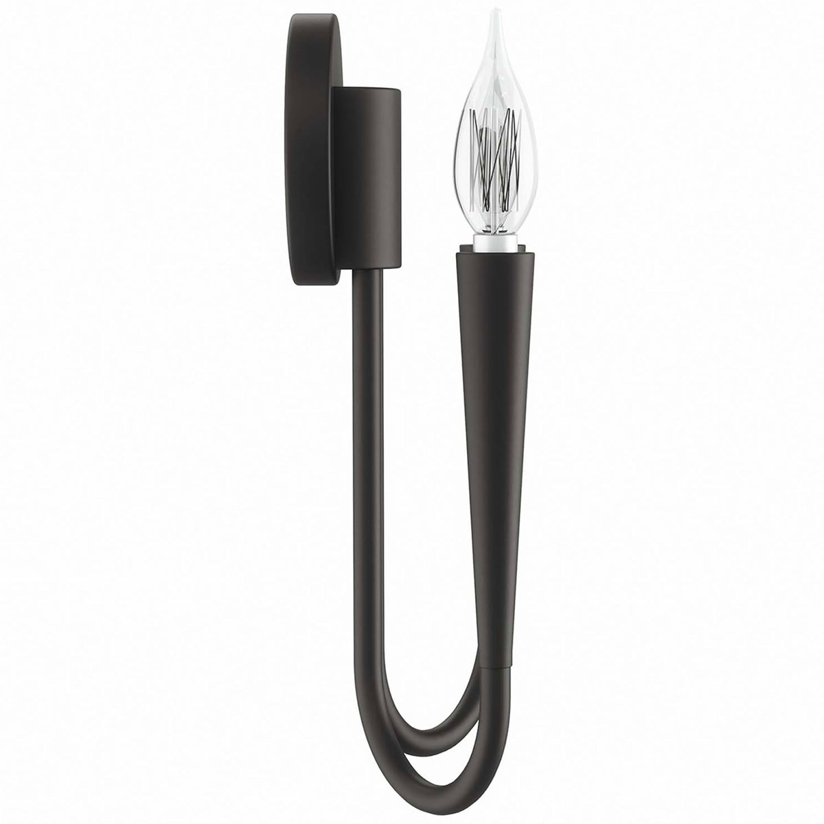 Penrose black wall sconce features a slim round backplate and gracefully looping arm design in a clean silhouette. || EEI-5666-BLK || side_studio