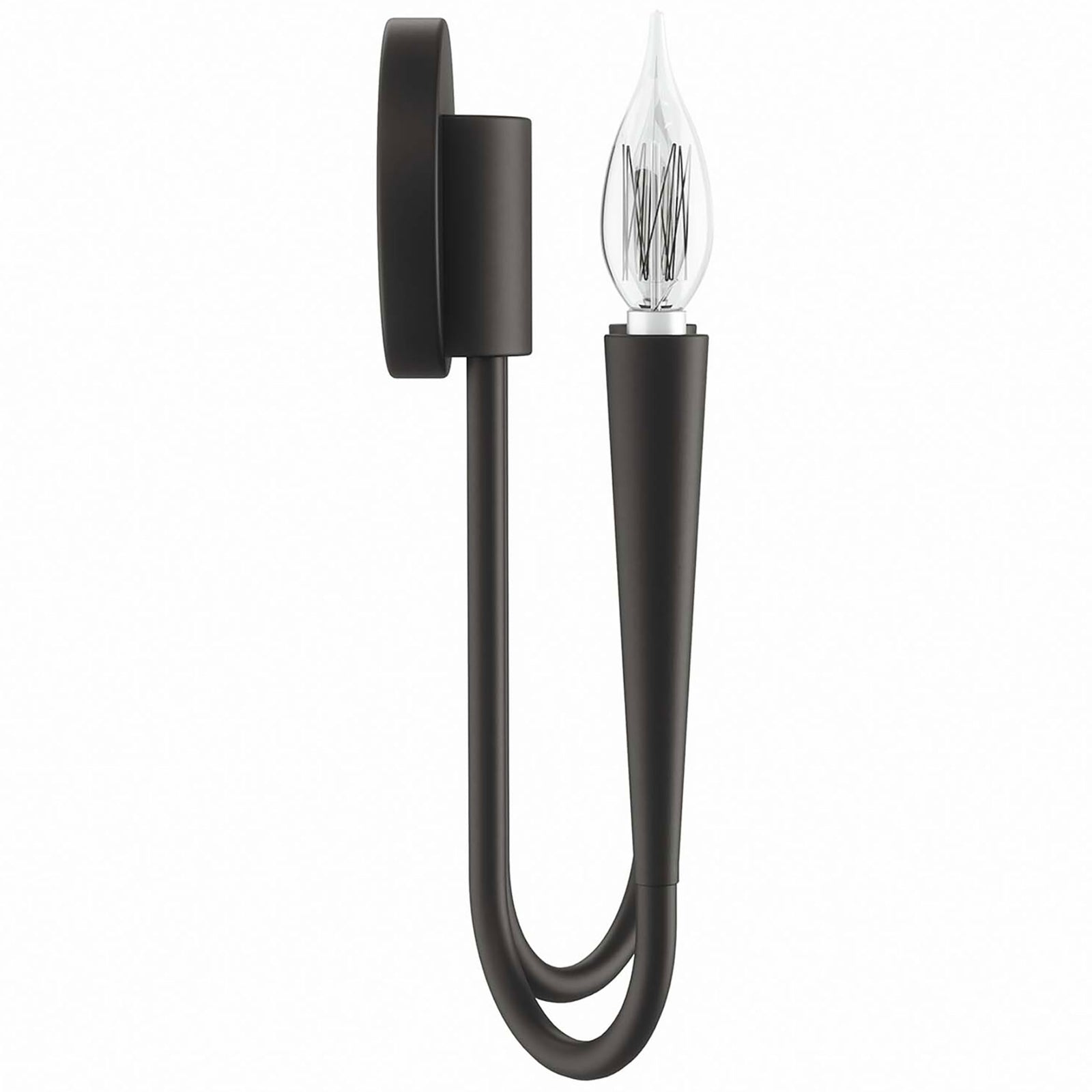 Penrose black wall sconce features a slim round backplate and gracefully looping arm design in a clean silhouette. || EEI-5666-BLK || side_studio