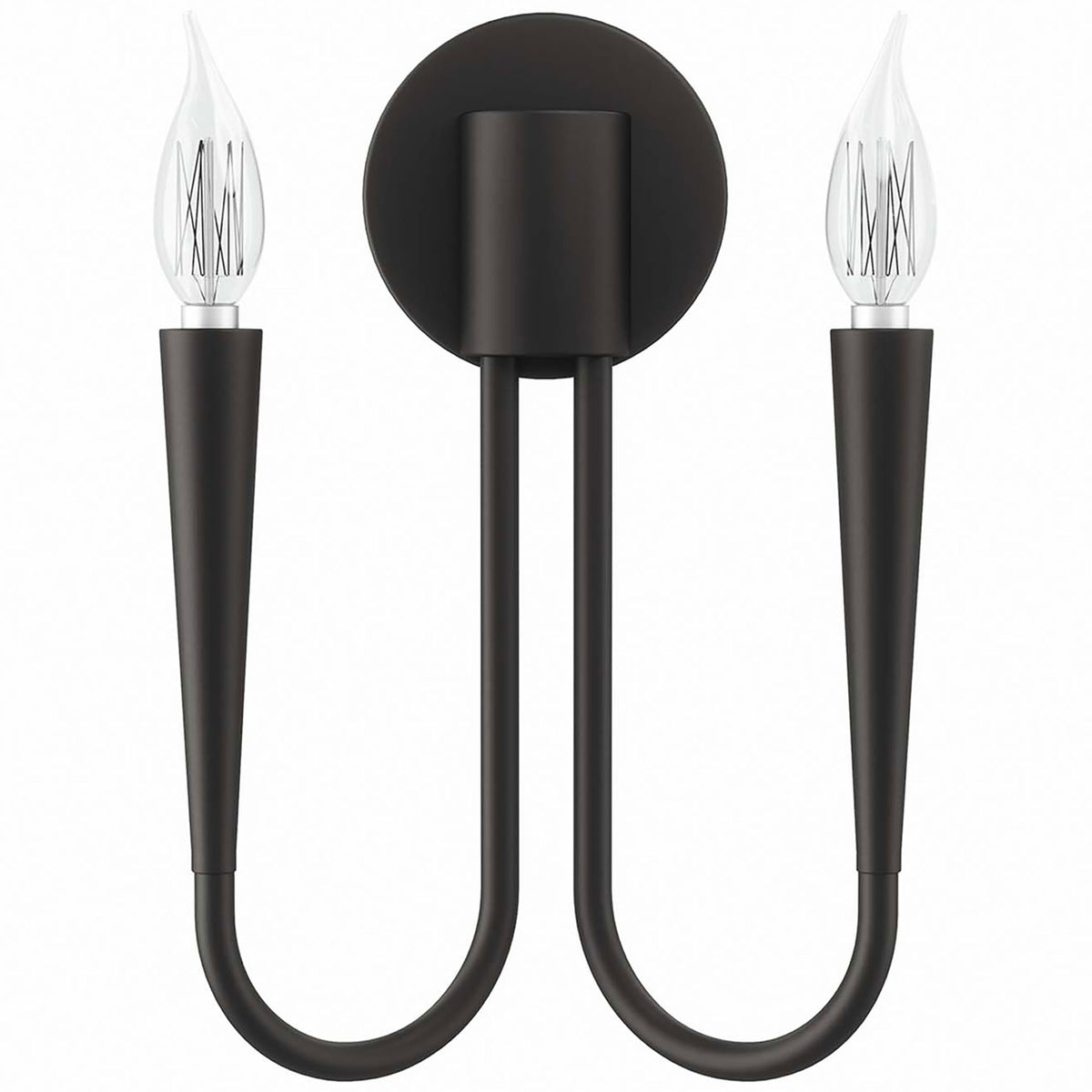 Penrose black 2-light wall sconce showcases modern U-shaped arms and tapered candle-style bulbs in a sleek silhouette. || EEI-5666-BLK || front_studio