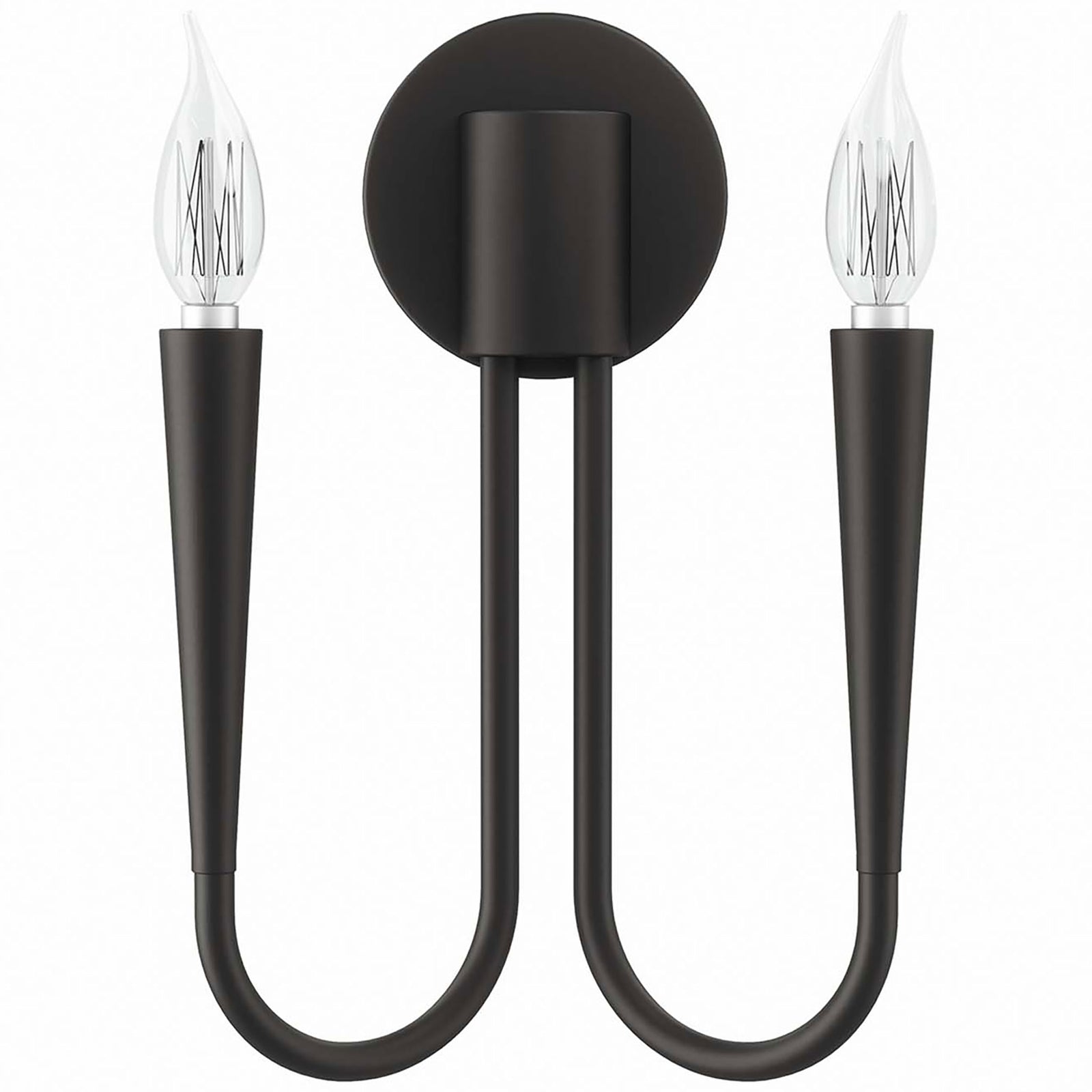Penrose black 2-light wall sconce showcases modern U-shaped arms and tapered candle-style bulbs in a sleek silhouette. || EEI-5666-BLK || front_studio