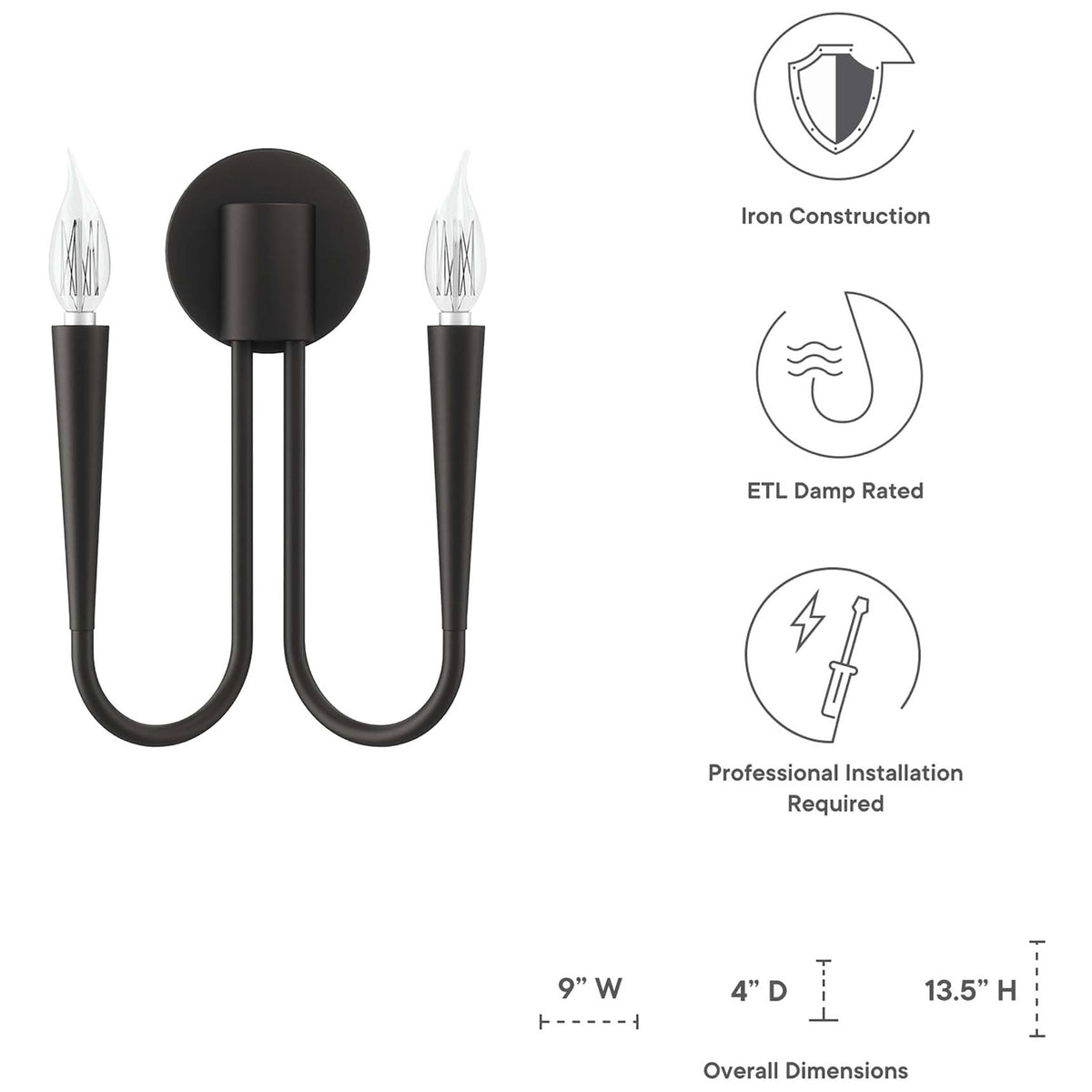 Dimensions and key specs for the Penrose black 2-light wall sconce, including width, depth, and overall height. || EEI-5666-BLK || dimension_studio